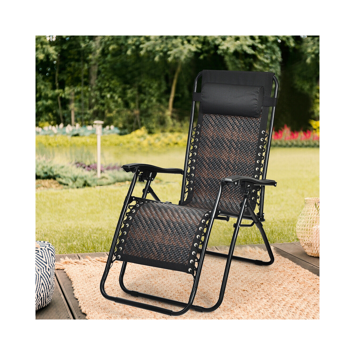Topbuy Folding Recliner Patio Rattan Zero Gravity Lounge Chair With Headrest