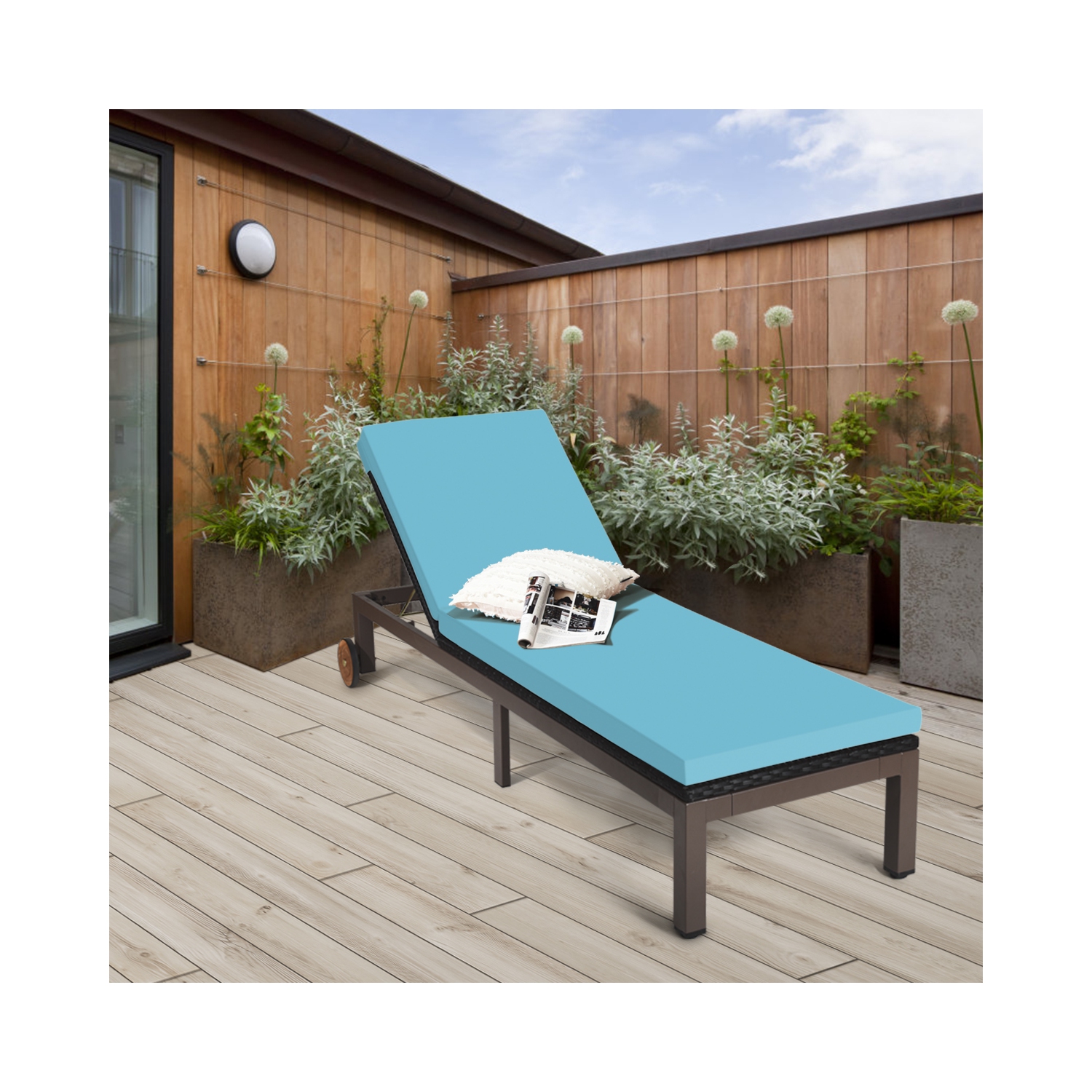 Topbuy Patio Rattan Lounge Chair Outdoor Cushioned Chaise Height Adjustable Turquoise