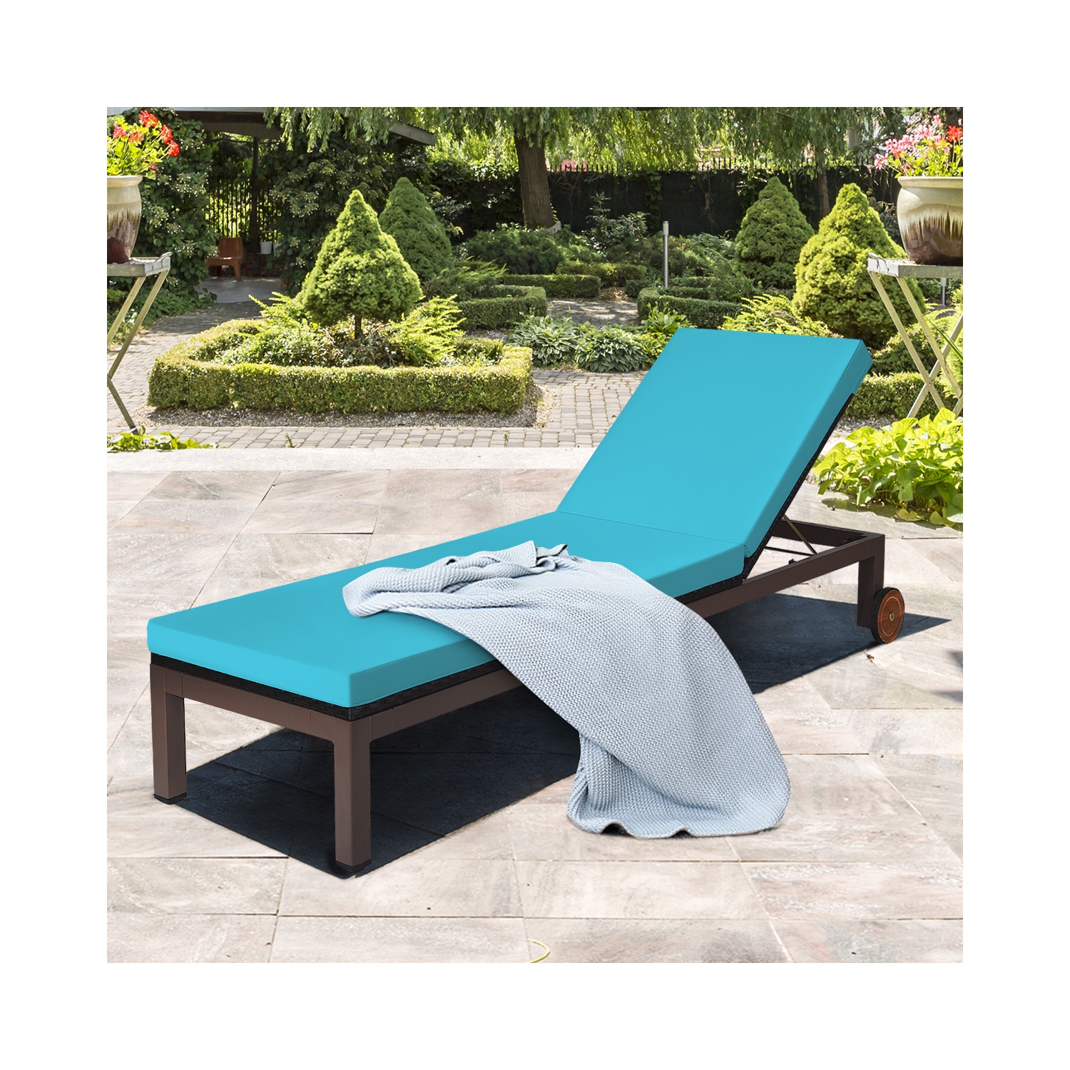Topbuy Patio Rattan Lounge Chair Outdoor Cushioned Chaise Height Adjustable Turquoise