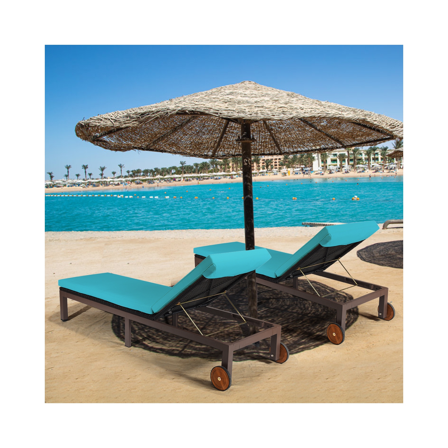 Topbuy Patio Rattan Lounge Chair Outdoor Cushioned Chaise Height Adjustable Turquoise