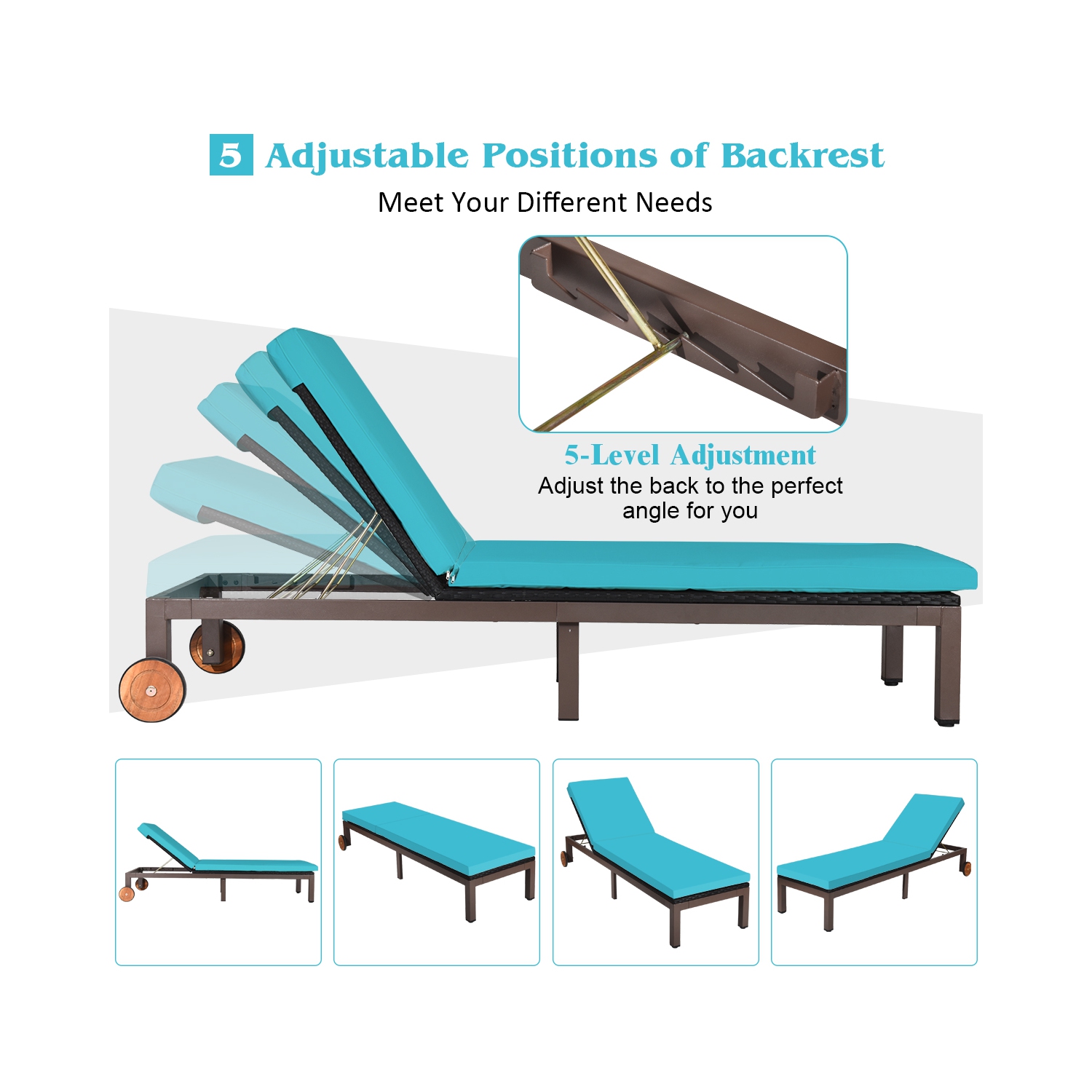 Topbuy Patio Rattan Lounge Chair Outdoor Cushioned Chaise Height Adjustable Turquoise