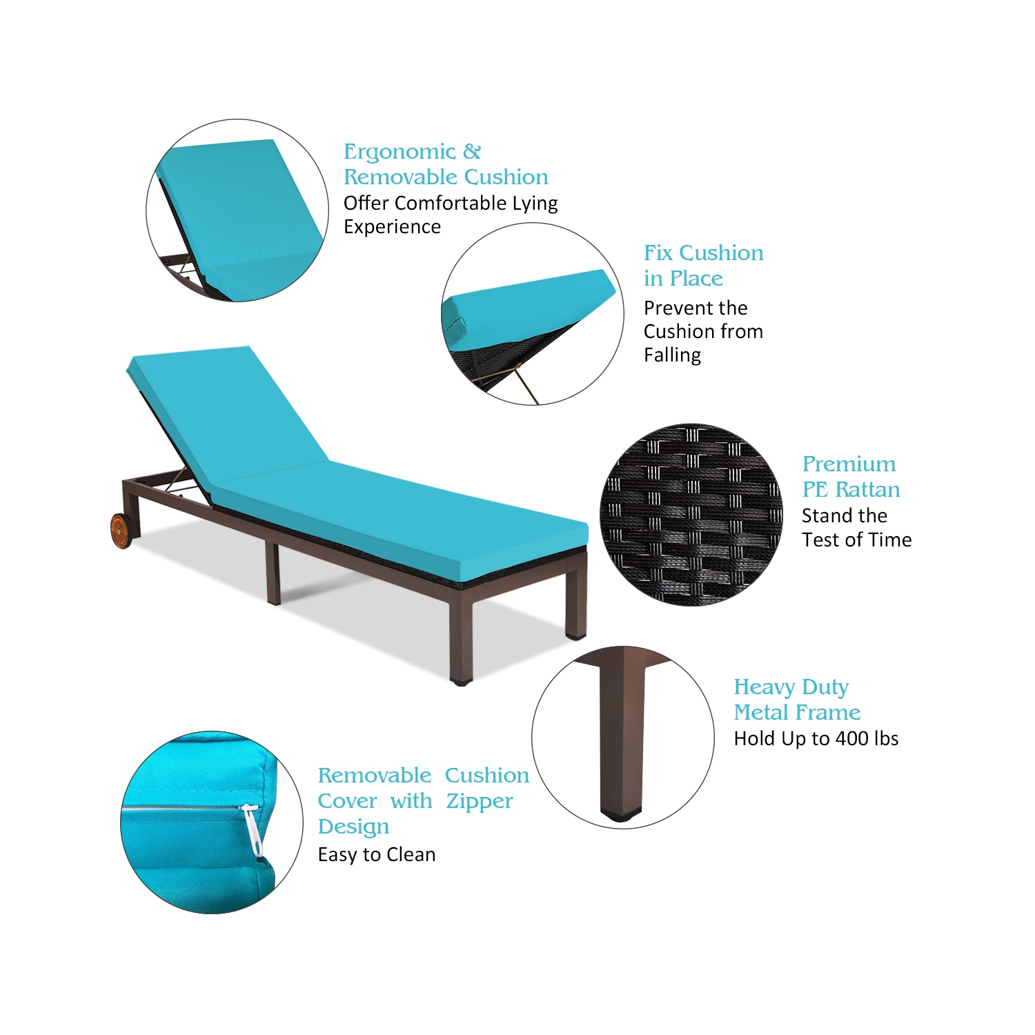 Topbuy Patio Rattan Lounge Chair Outdoor Cushioned Chaise Height Adjustable Turquoise
