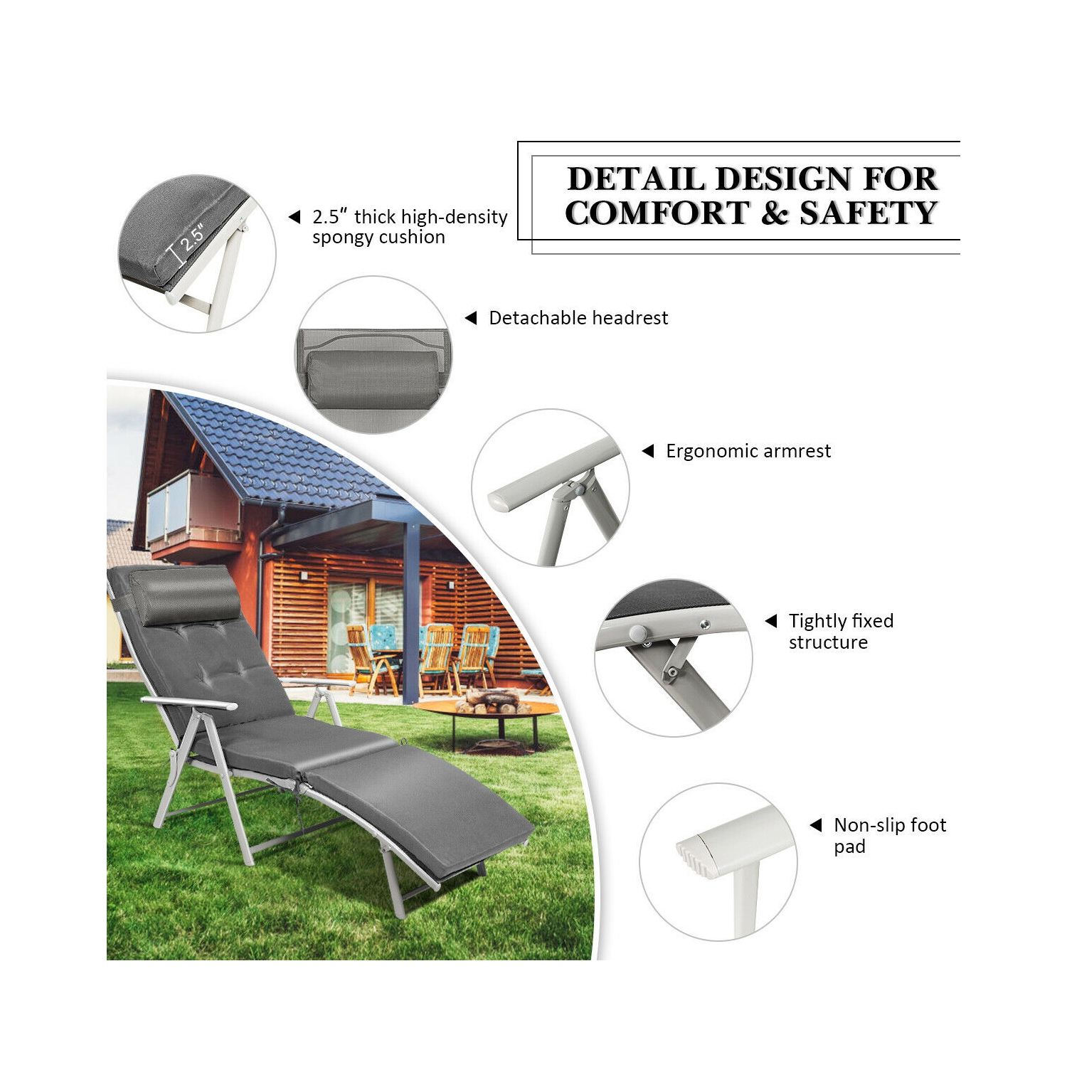 Topbuy Cushioned Folding Chaise Lounge Chair Adjustable Recliner Black/ Turquoise/ Gray