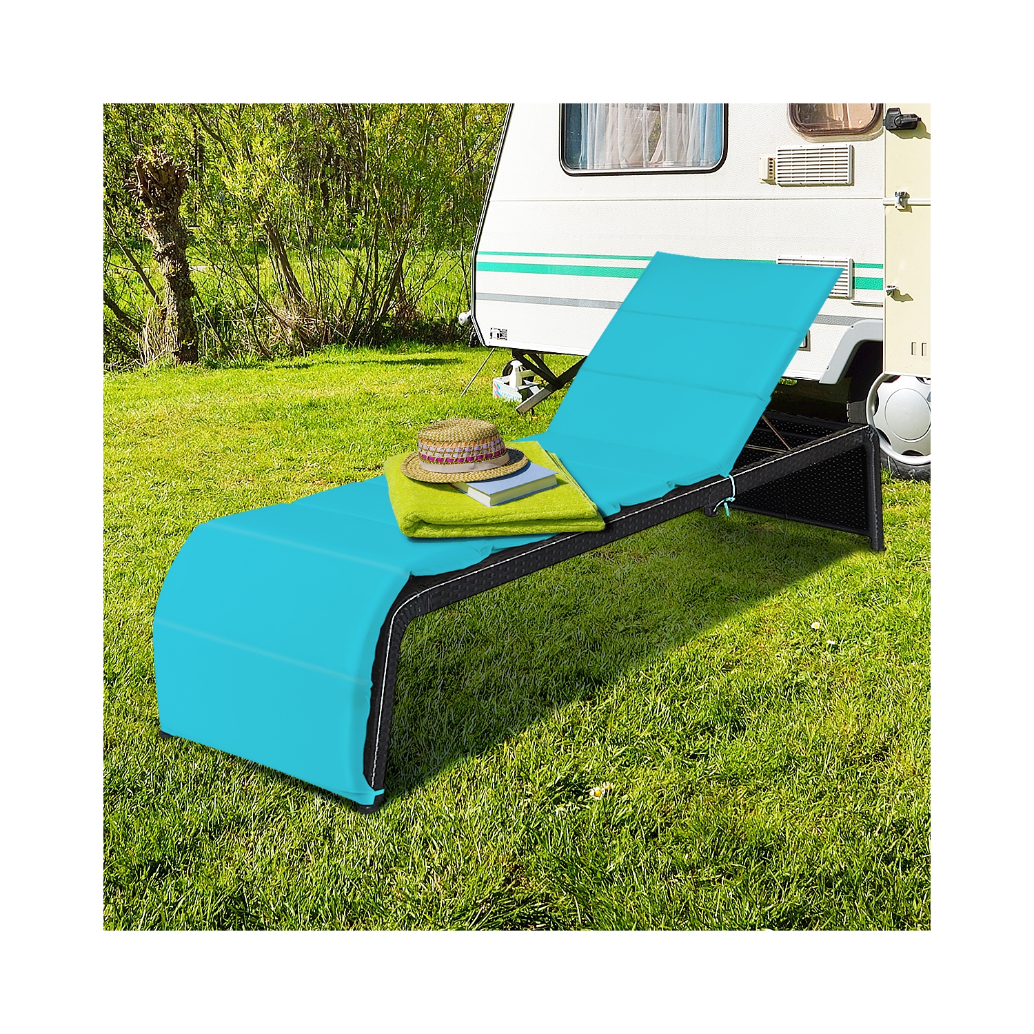 Topbuy Adjustable Outdoor Rattan Chaise Lounge Recliner Couch with Red/Turquoise Cushions