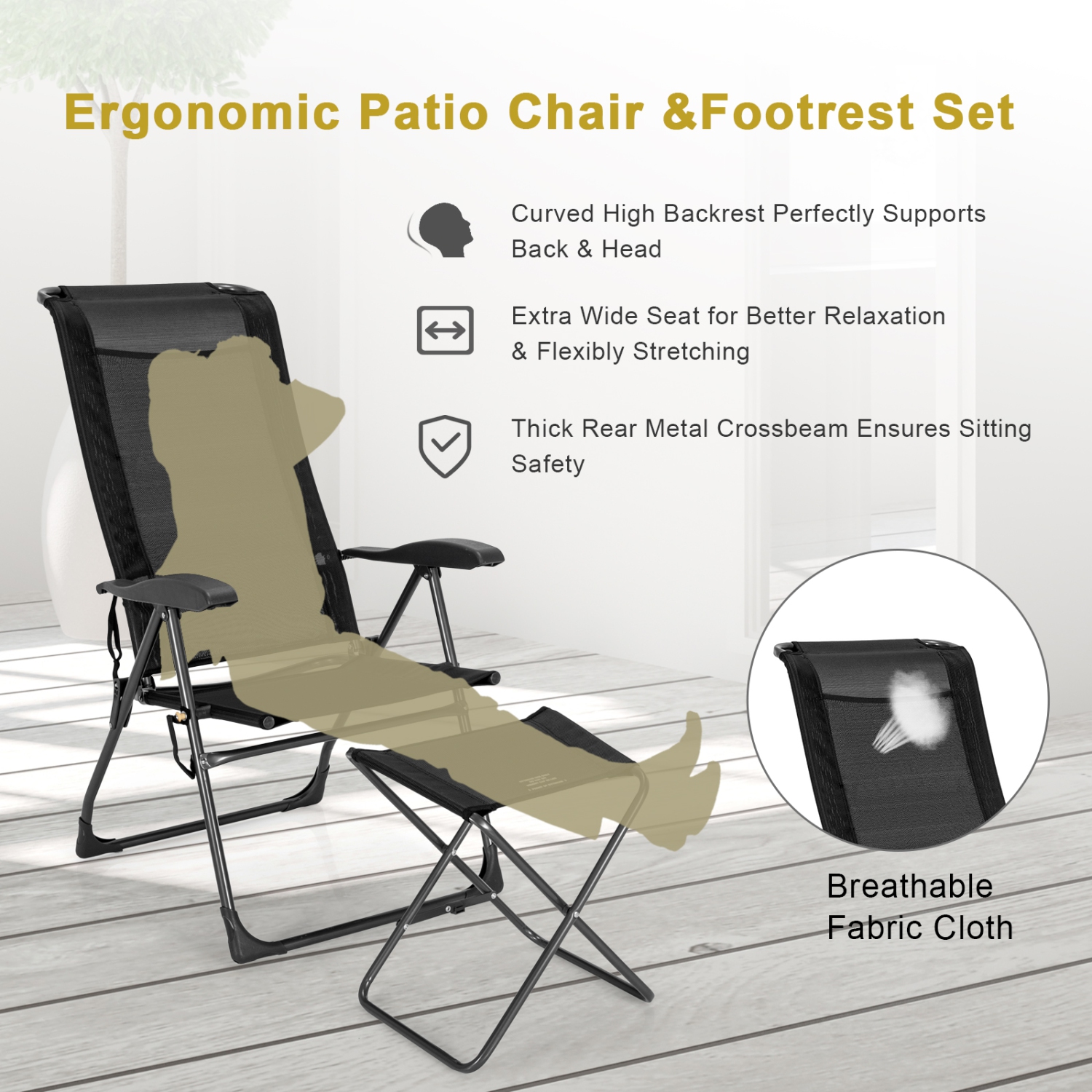 Patiojoy 4 PCS Outdoor Wicker Chaise Lounge Patio Lounge Chair Ottoman Set w/7-Gear Adjustable Backrest Black