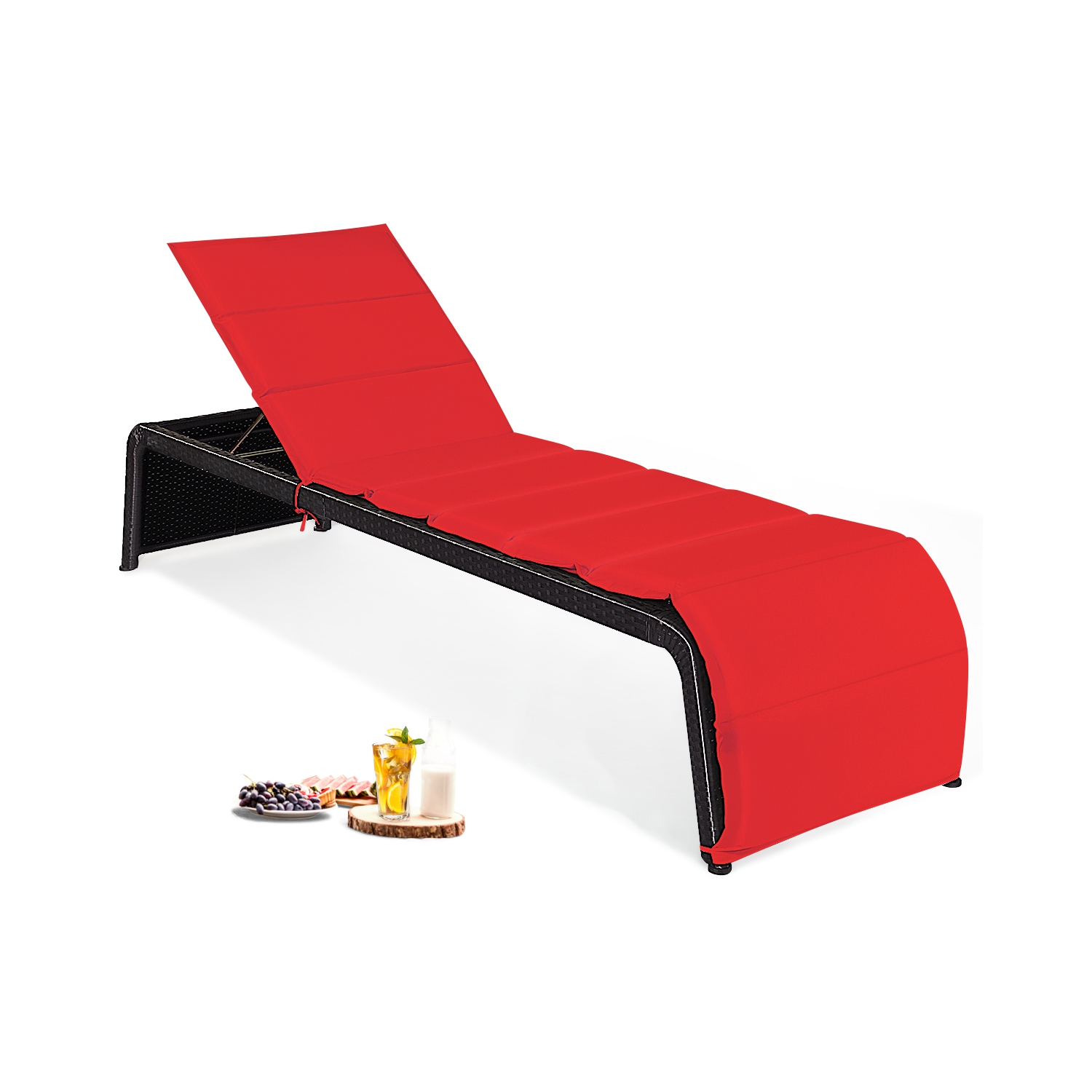 Topbuy Adjustable Outdoor Rattan Chaise Lounge Recliner Couch with Red/Turquoise Cushions