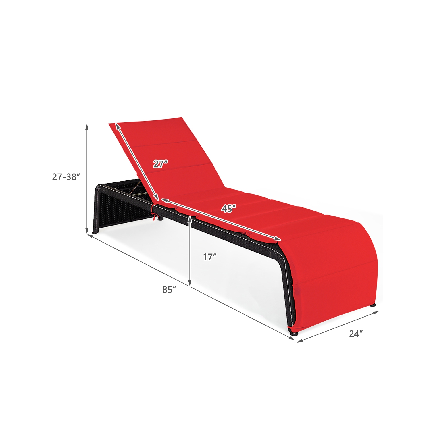 Topbuy Adjustable Outdoor Rattan Chaise Lounge Recliner Couch with Red/Turquoise Cushions