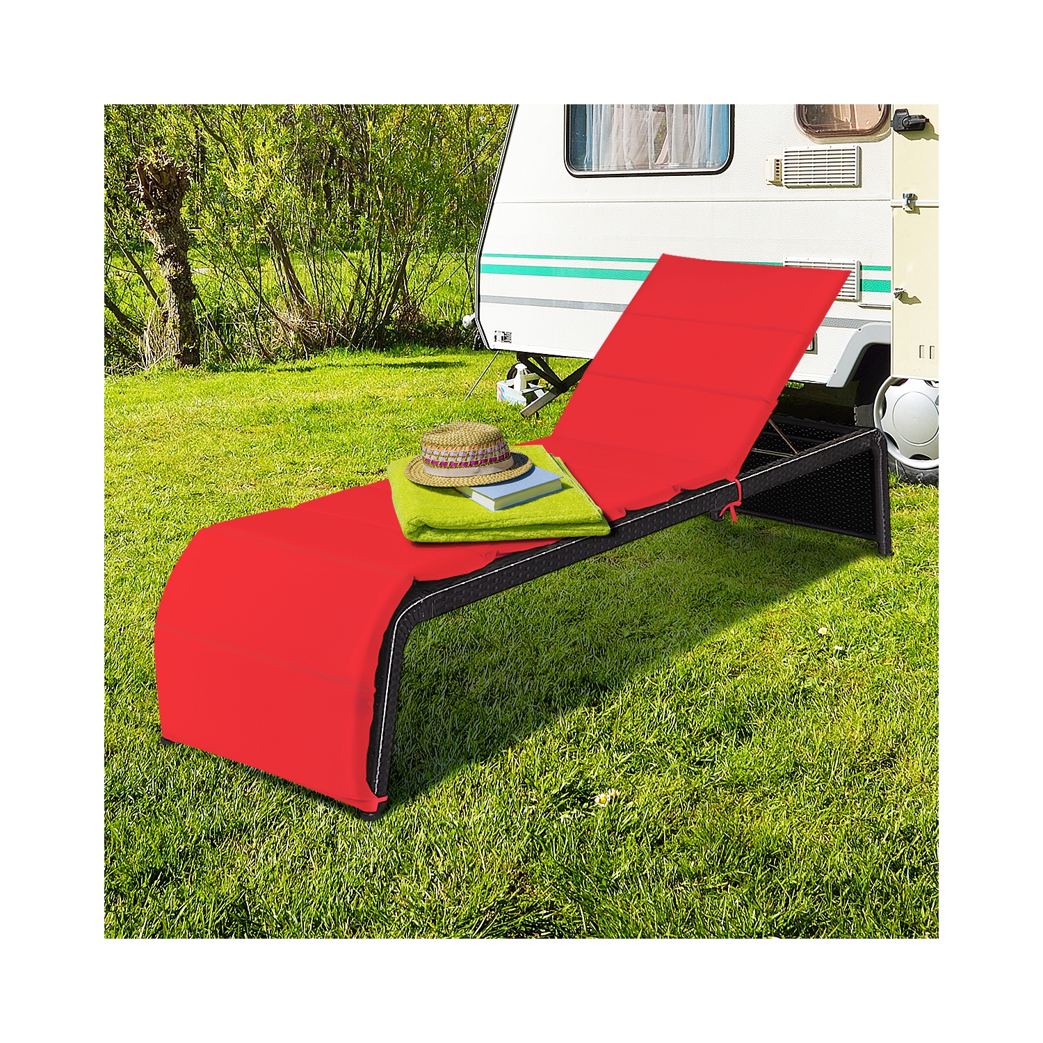 Topbuy Adjustable Outdoor Rattan Chaise Lounge Recliner Couch with Red/Turquoise Cushions