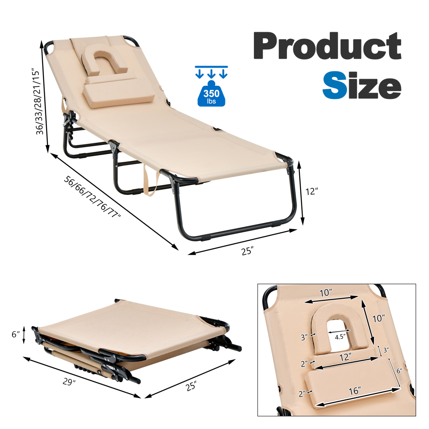 Patiojoy Outdoor Folding Beach Chaise Lounge Chair Adjustable Camping Recliner Beige