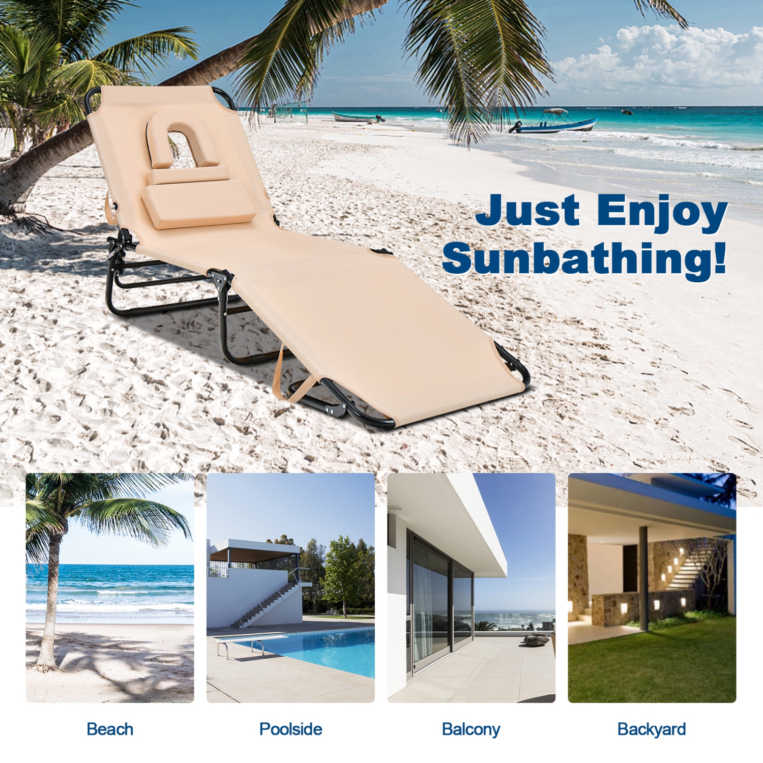 Patiojoy Outdoor Folding Beach Chaise Lounge Chair Adjustable Camping Recliner Beige