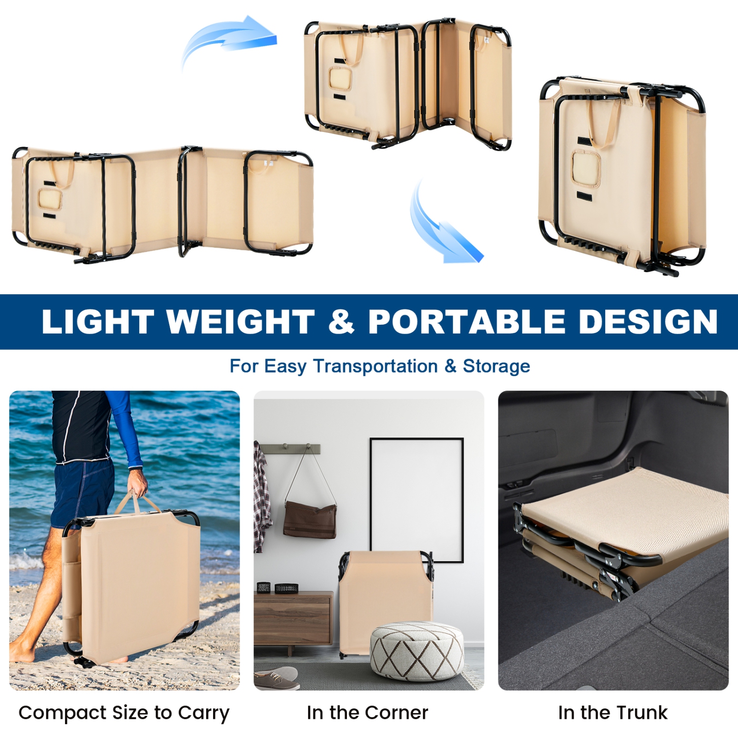 Patiojoy Outdoor Folding Beach Chaise Lounge Chair Adjustable Camping Recliner Beige