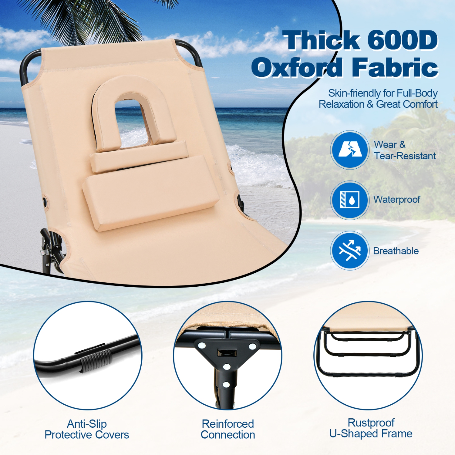 Patiojoy Outdoor Folding Beach Chaise Lounge Chair Adjustable Camping Recliner Beige