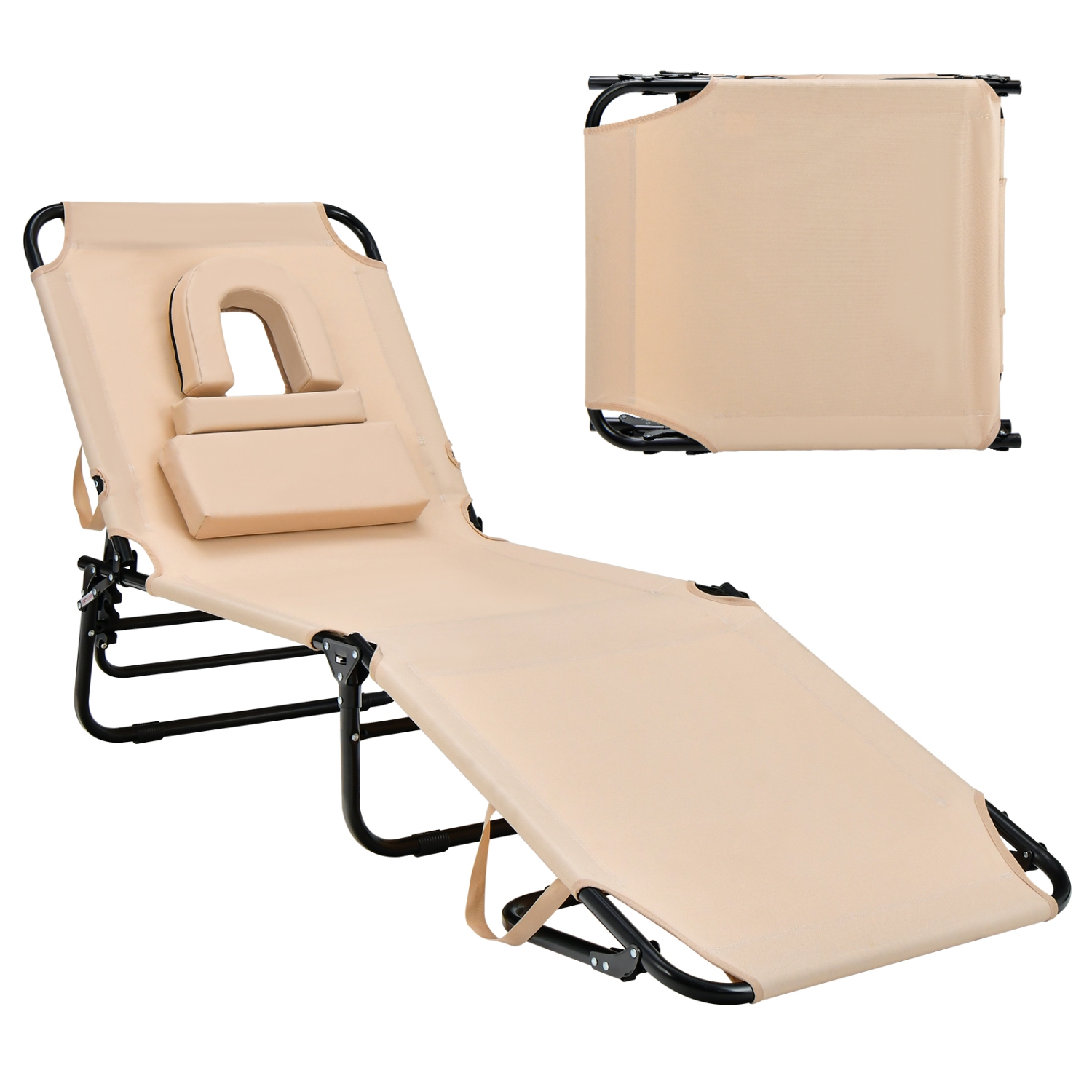 Patiojoy Outdoor Folding Beach Chaise Lounge Chair Adjustable Camping Recliner Beige