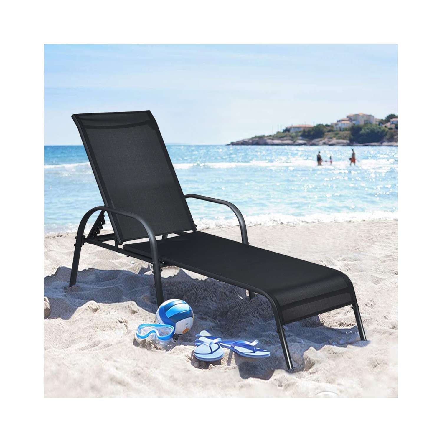 Topbuy Outdoor Chaise Lounge Chair Adjustable Reclining Bed with Backrest& Armrest Black/Brown