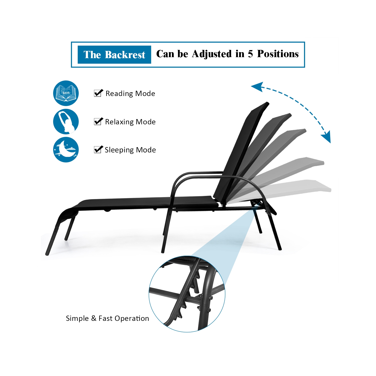 Topbuy Outdoor Chaise Lounge Chair Adjustable Reclining Bed with Backrest& Armrest Black/Brown