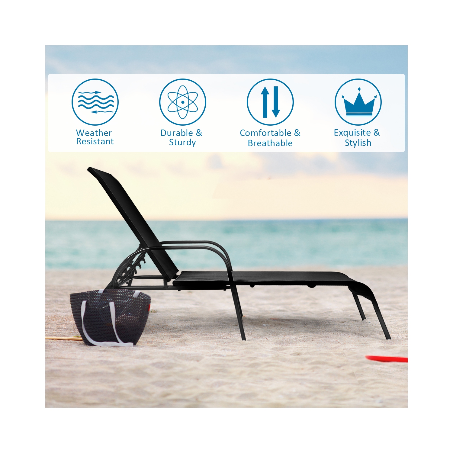 Topbuy Outdoor Chaise Lounge Chair Adjustable Reclining Bed with Backrest& Armrest Black/Brown