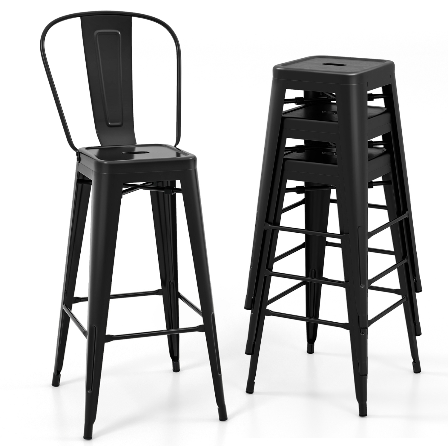 Topbuy Metal Bar stools Set of 4 30” High Back Bar Height Barstool w/ Removable Backrest Home Metal Frame Industrial Bar Chairs Set