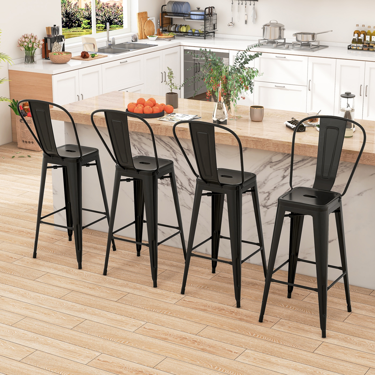 Topbuy Metal Bar stools Set of 4 30” High Back Bar Height Barstool w/ Removable Backrest Home Metal Frame Industrial Bar Chairs Set