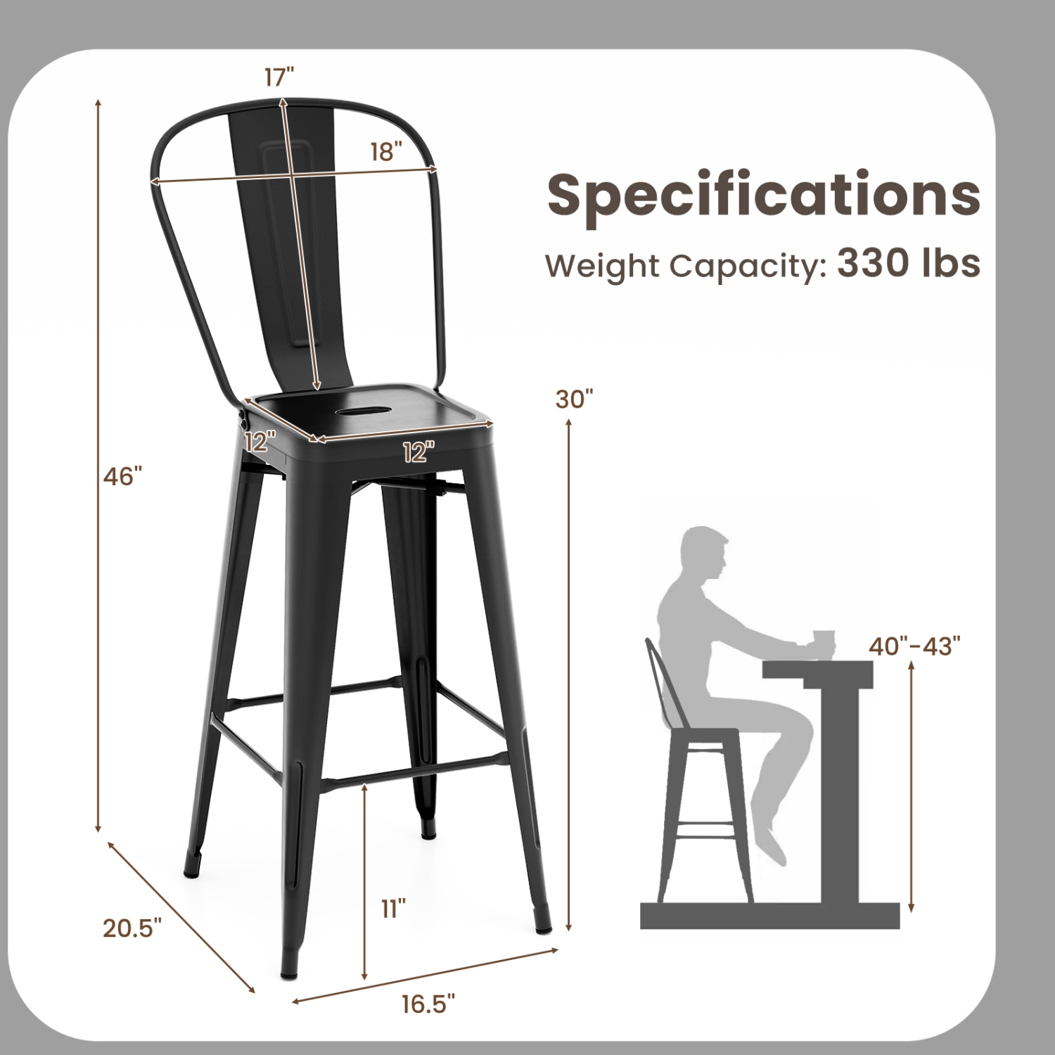 Topbuy Metal Bar stools Set of 4 30” High Back Bar Height Barstool w/ Removable Backrest Home Metal Frame Industrial Bar Chairs Set