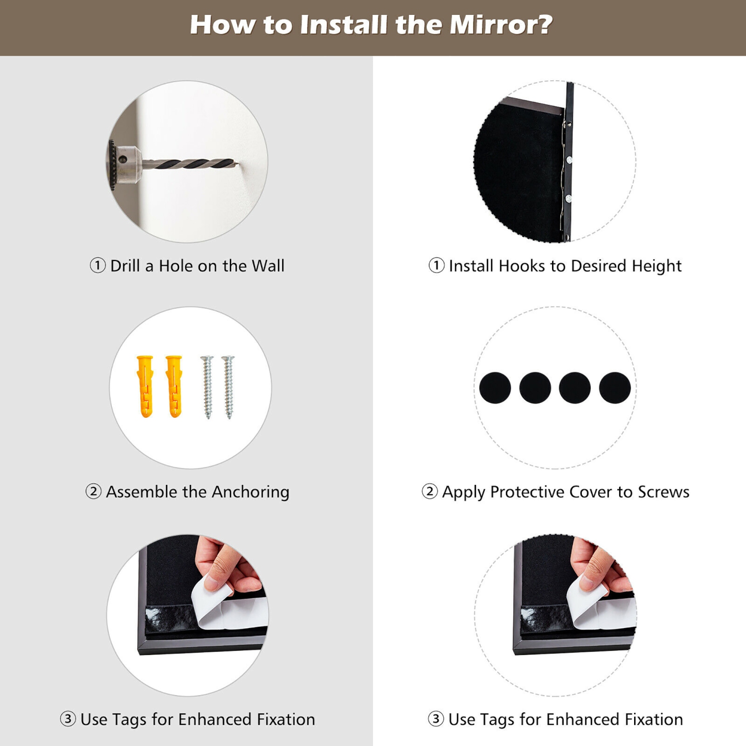 Miroir mural à suspendre pleine longueur pour la salle de bain de la chambre à coucher de Costway