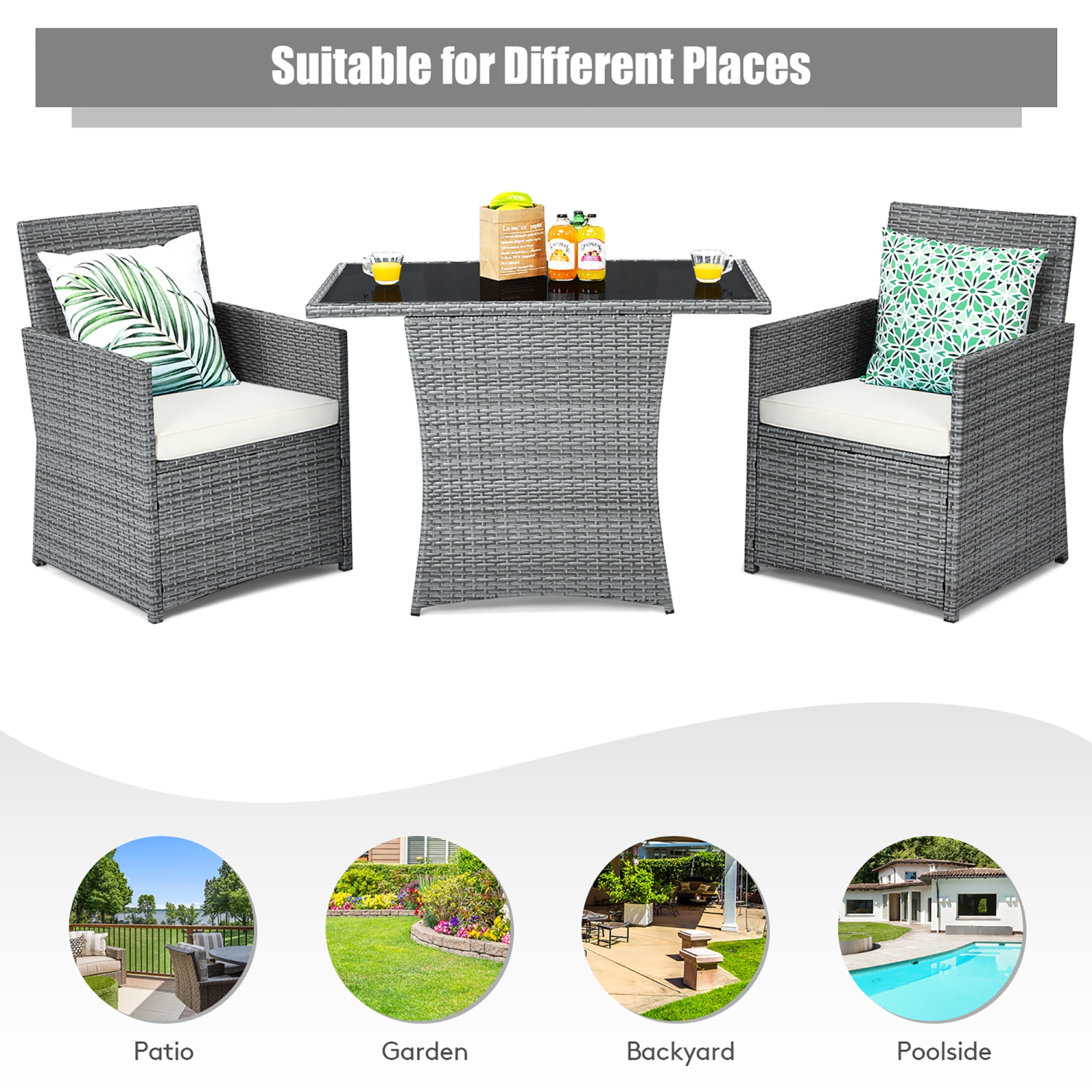 Costway 3PCS Patio Rattan Furniture Set Cushioned Sofa Armrest Garden
