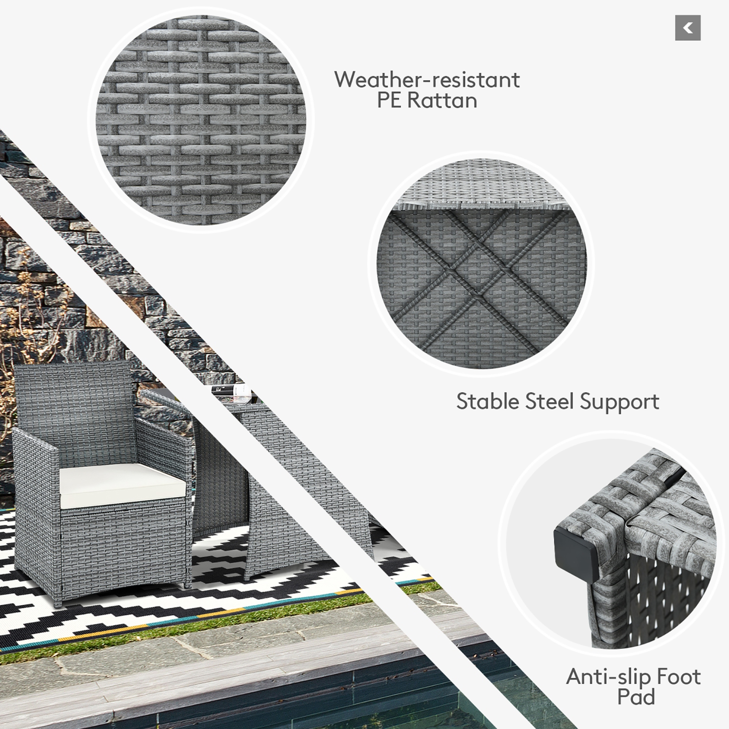 Costway 3PCS Patio Rattan Furniture Set Cushioned Sofa Armrest Garden