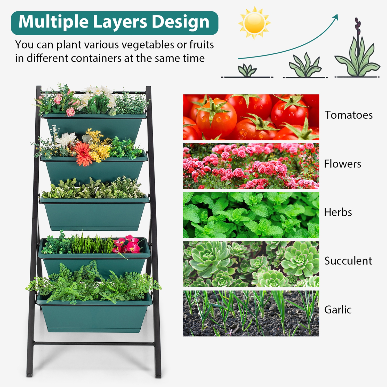 Costway 5-tier Vertical Garden Planter Box Elevated Raised Bed w/5 Container