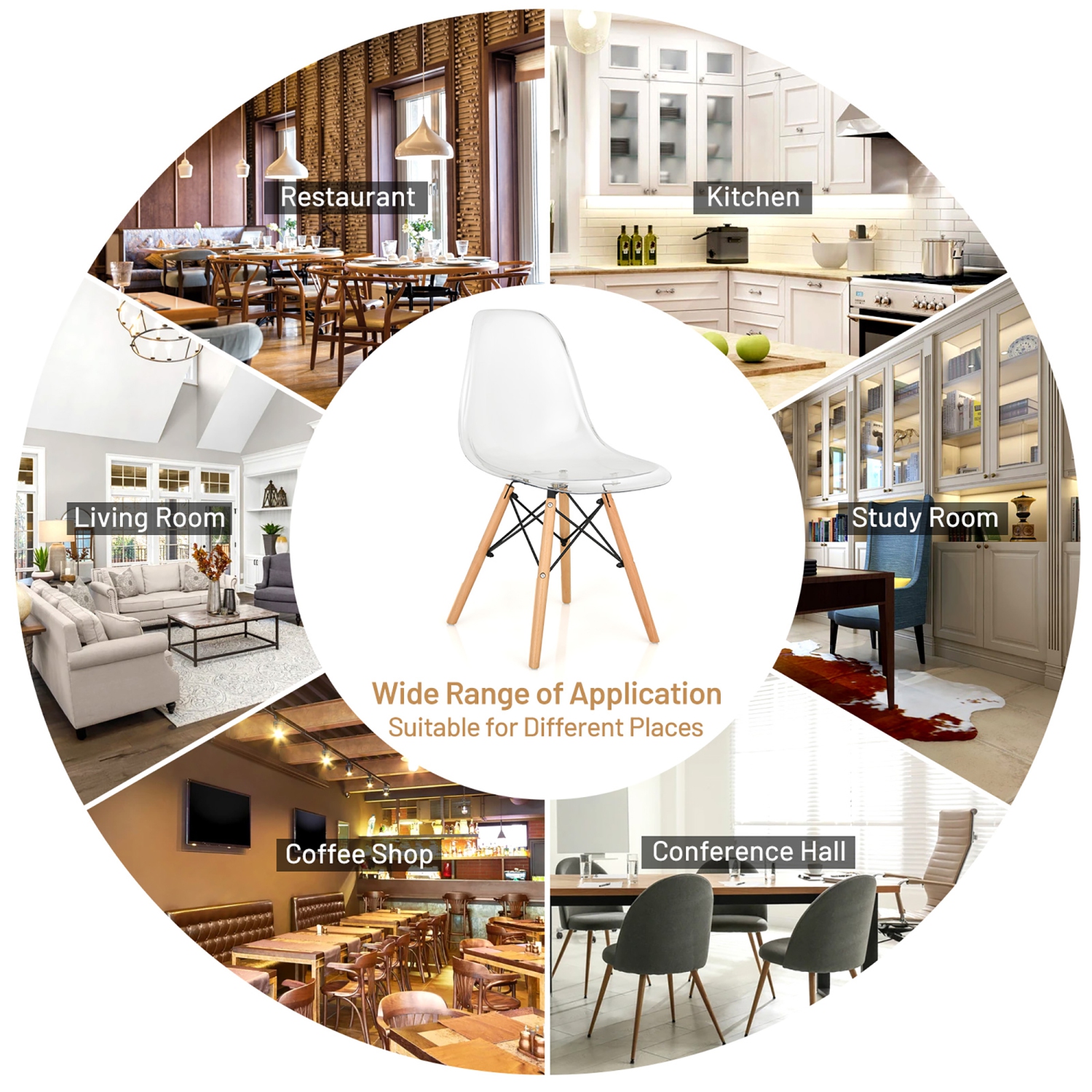 Costway Set of 4 Dining Chairs Modern Plastic Shell Side Chair w/ Clear Seat & Wood Legs