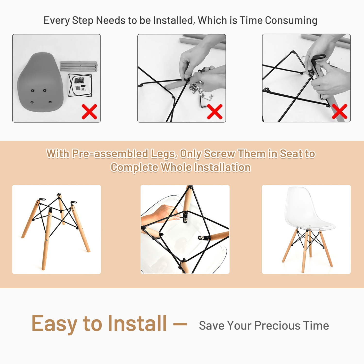 Costway Set of 4 Dining Chairs Modern Plastic Shell Side Chair w/ Clear Seat & Wood Legs