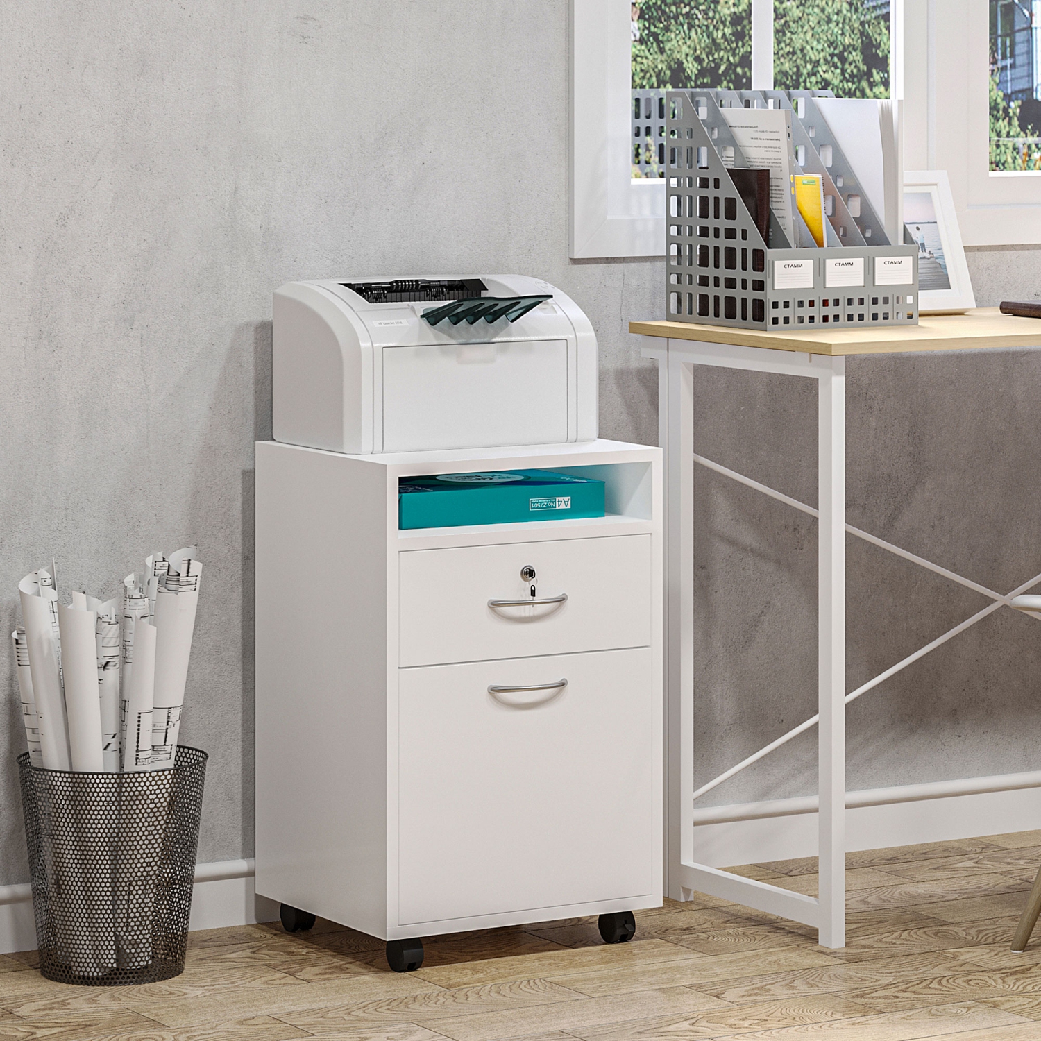 HOMCOM – Classeur vertical de 24 po avec tiroir verrouillable, classeur mobile avec 2 clés, roulettes pour bureau à domicile, blanc