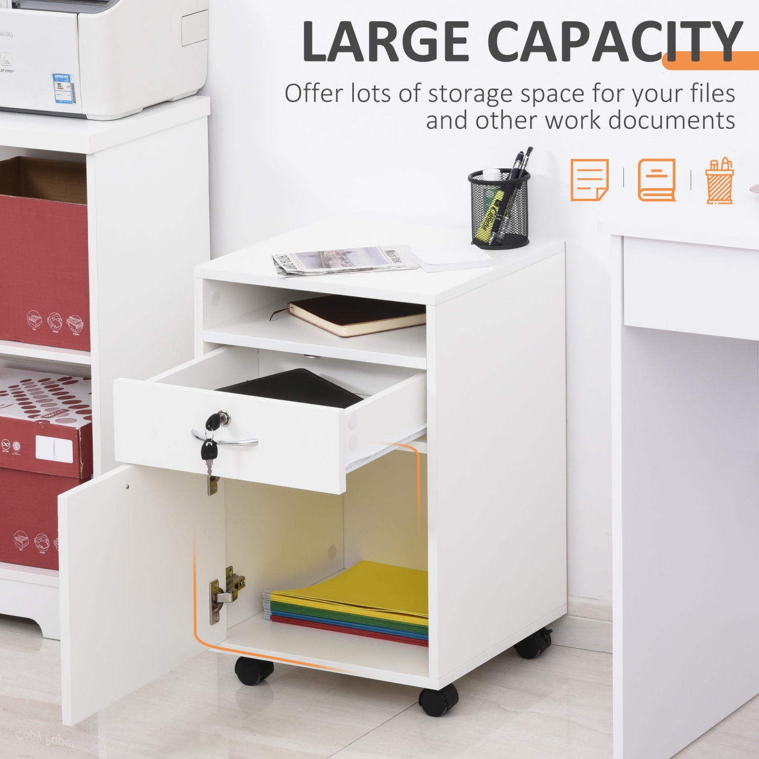 HOMCOM – Classeur vertical de 24 po avec tiroir verrouillable, classeur mobile avec 2 clés, roulettes pour bureau à domicile, blanc
