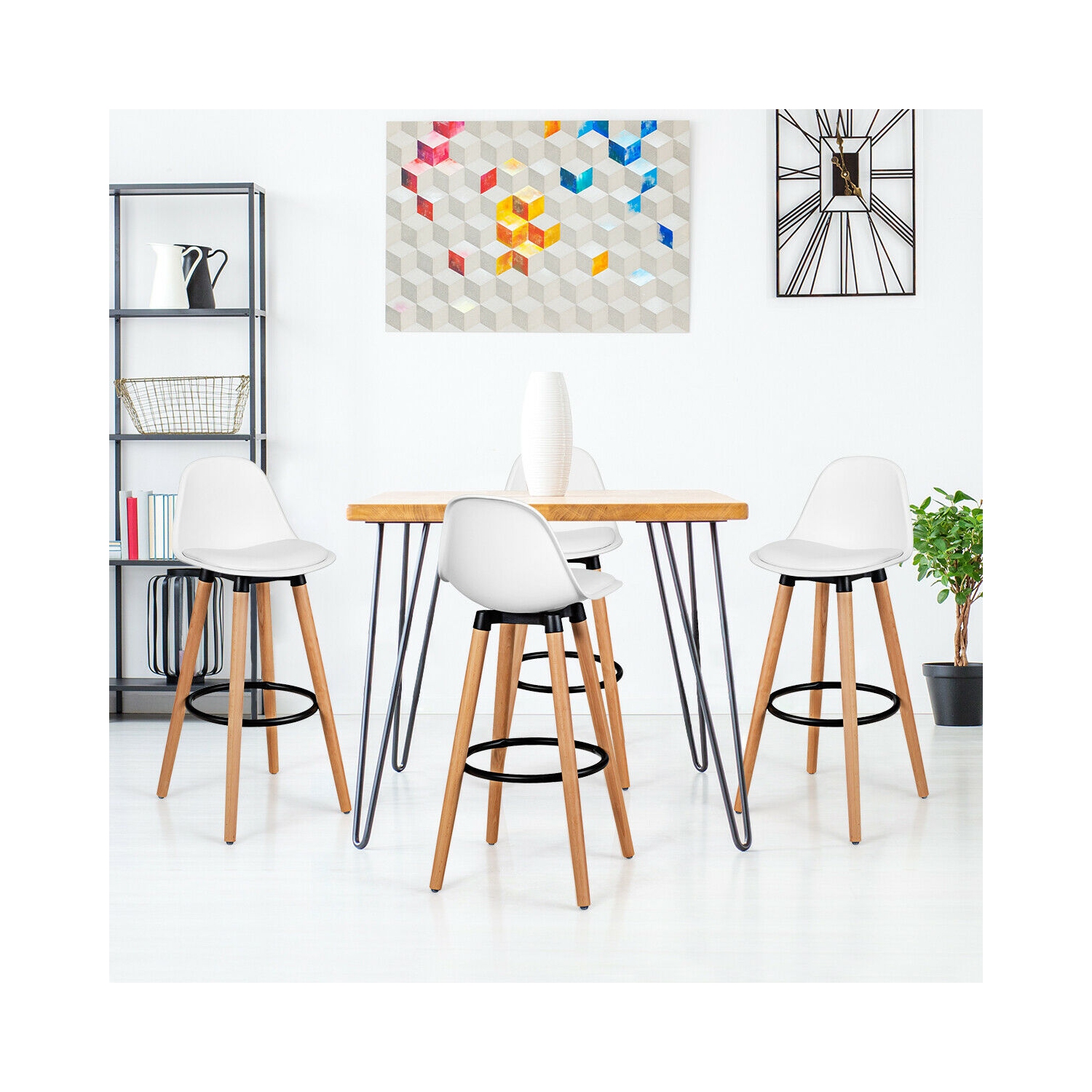 Topbuy Set of 4 Mid Century Barstool 28.5" Dining Pub Chair w/Leather Padded Seat White/Black