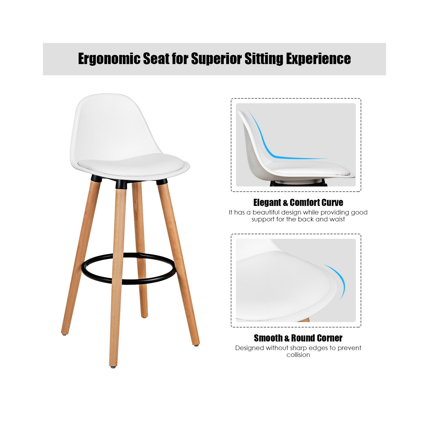 Topbuy Set of 4 Mid Century Barstool 28.5" Dining Pub Chair w/Leather Padded Seat White/Black