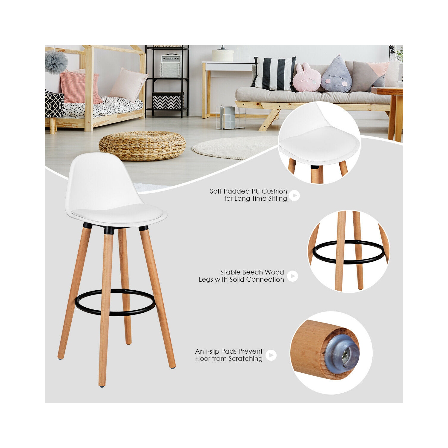 Topbuy Set of 4 Mid Century Barstool 28.5" Dining Pub Chair w/Leather Padded Seat White/Black