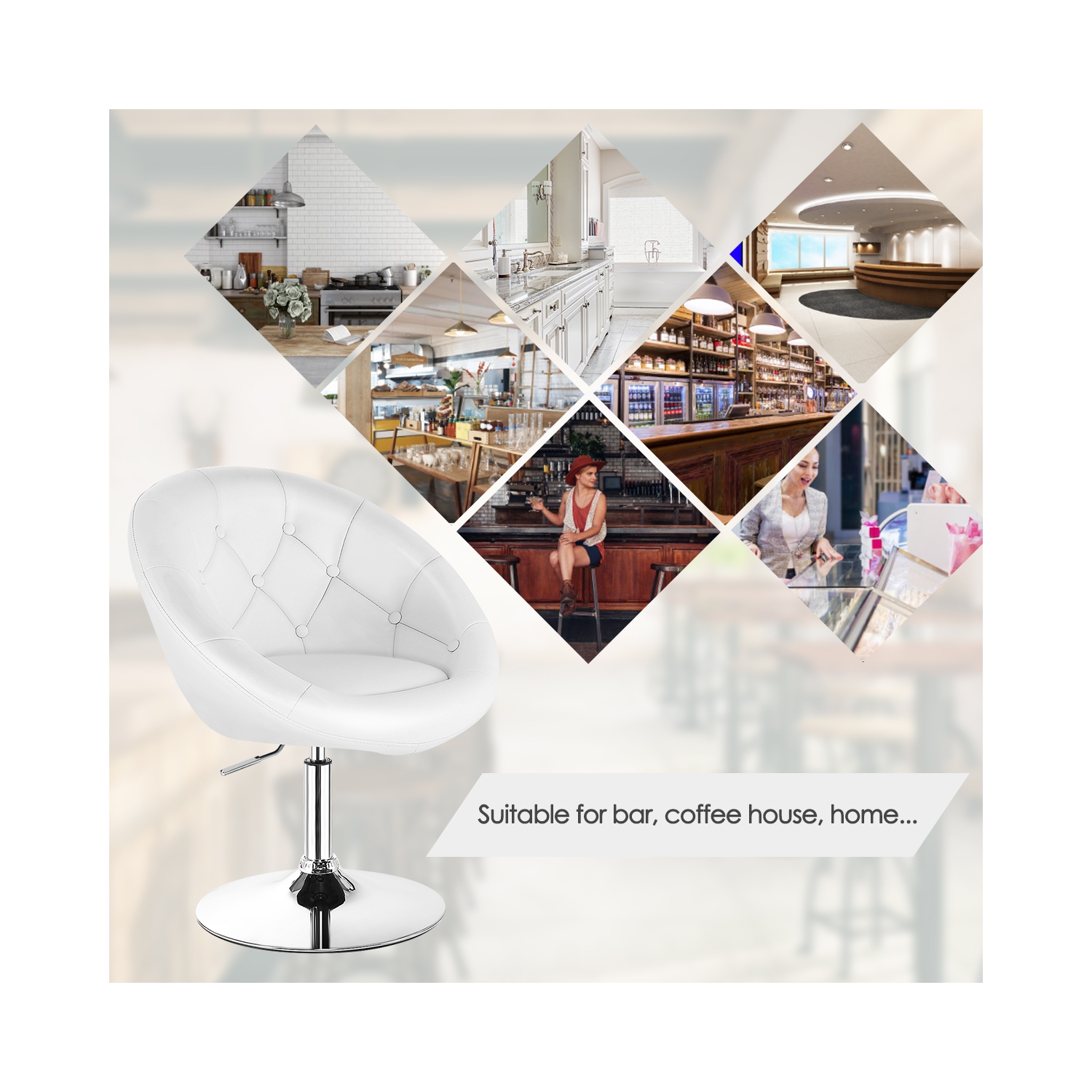 Topbuy Modern Swivel Bar Stools Height Adjustable Round Tufted Back Accent Chair Black/White