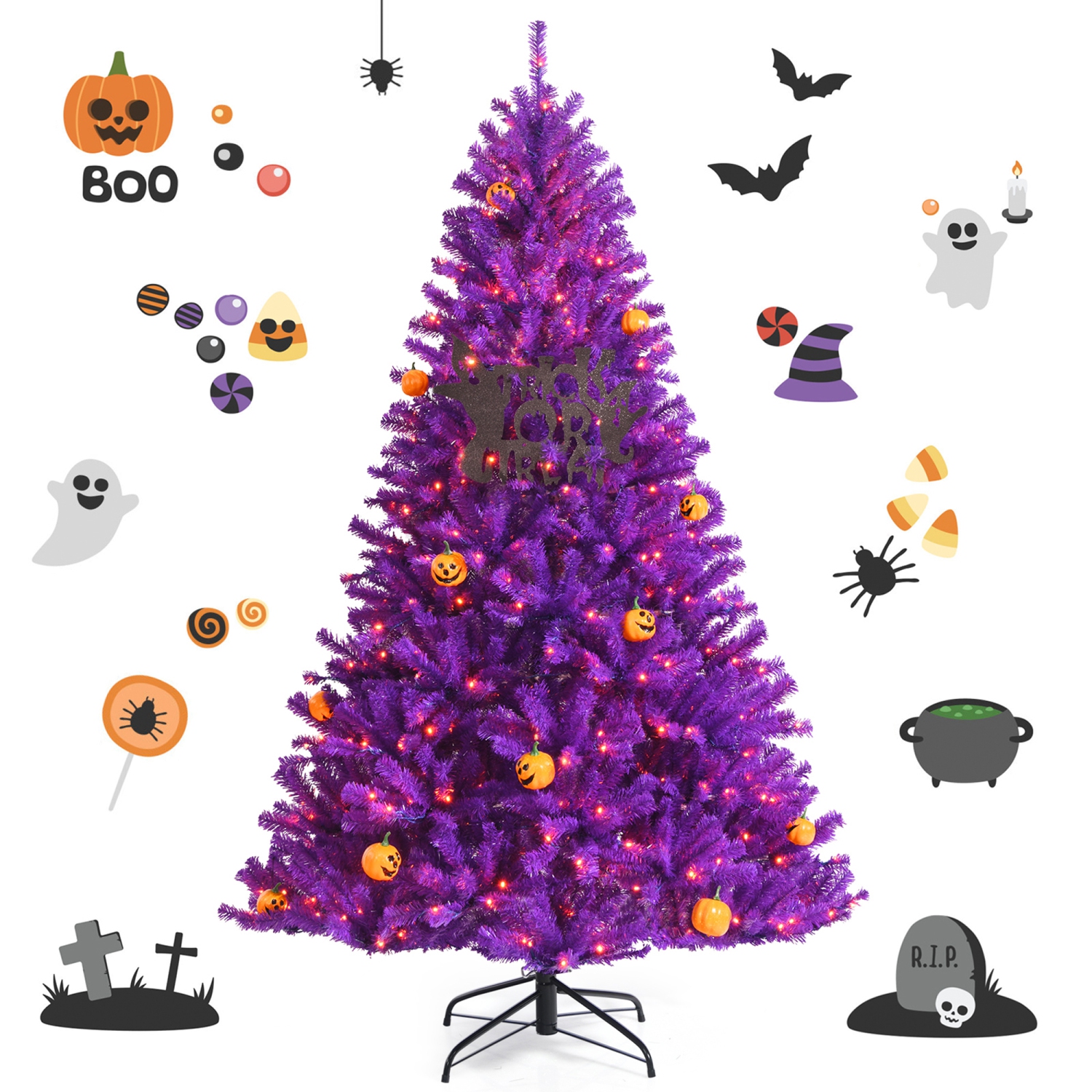 Gymax 6 FT Pre-lit Purple Artificial Christmas Halloween Tree w/ Mini Pumpkins