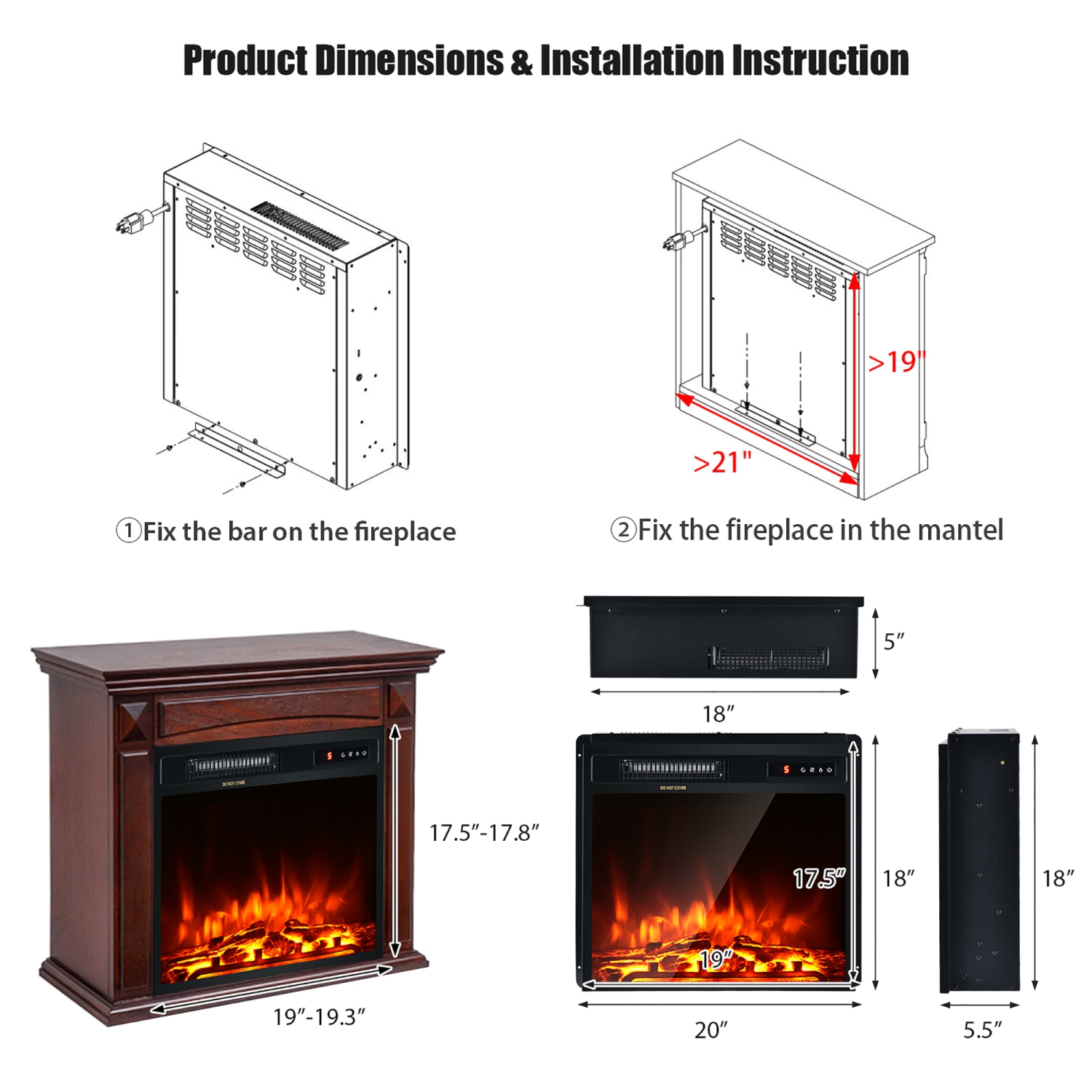 Costway 18" Electric Fireplace Freestanding & Recessed Heater Log Flame Remote 1500W