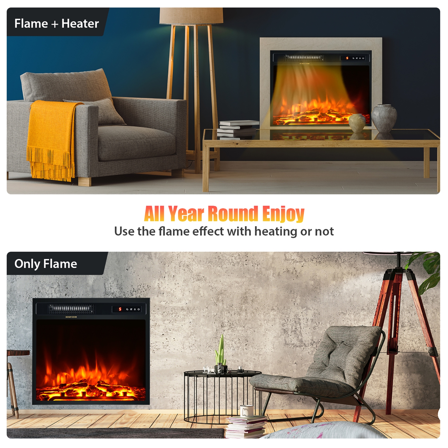 Costway 18" Electric Fireplace Freestanding & Recessed Heater Log Flame Remote 1500W