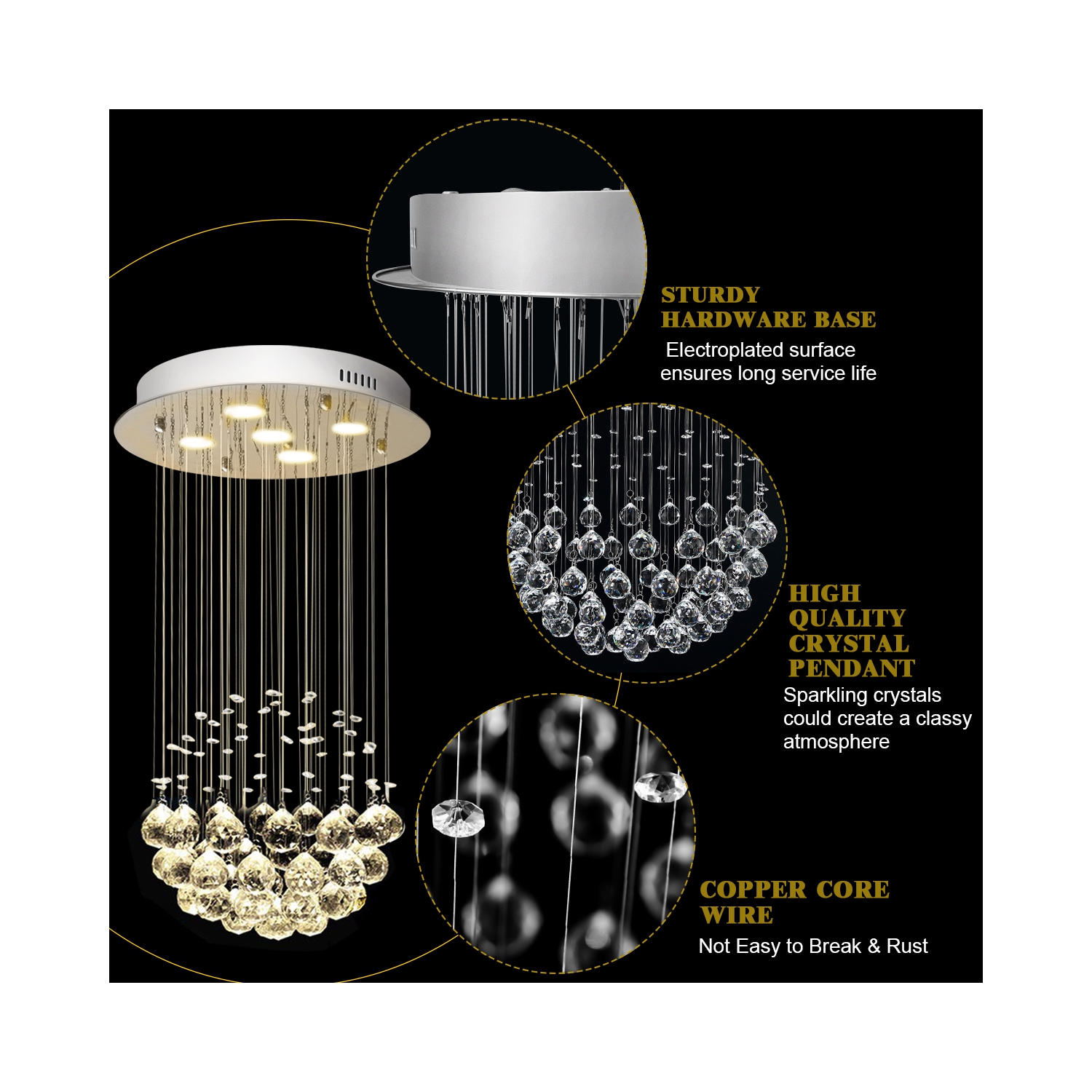 TopBuy – Lustre de cristal moderne encastré avec boules de cristal