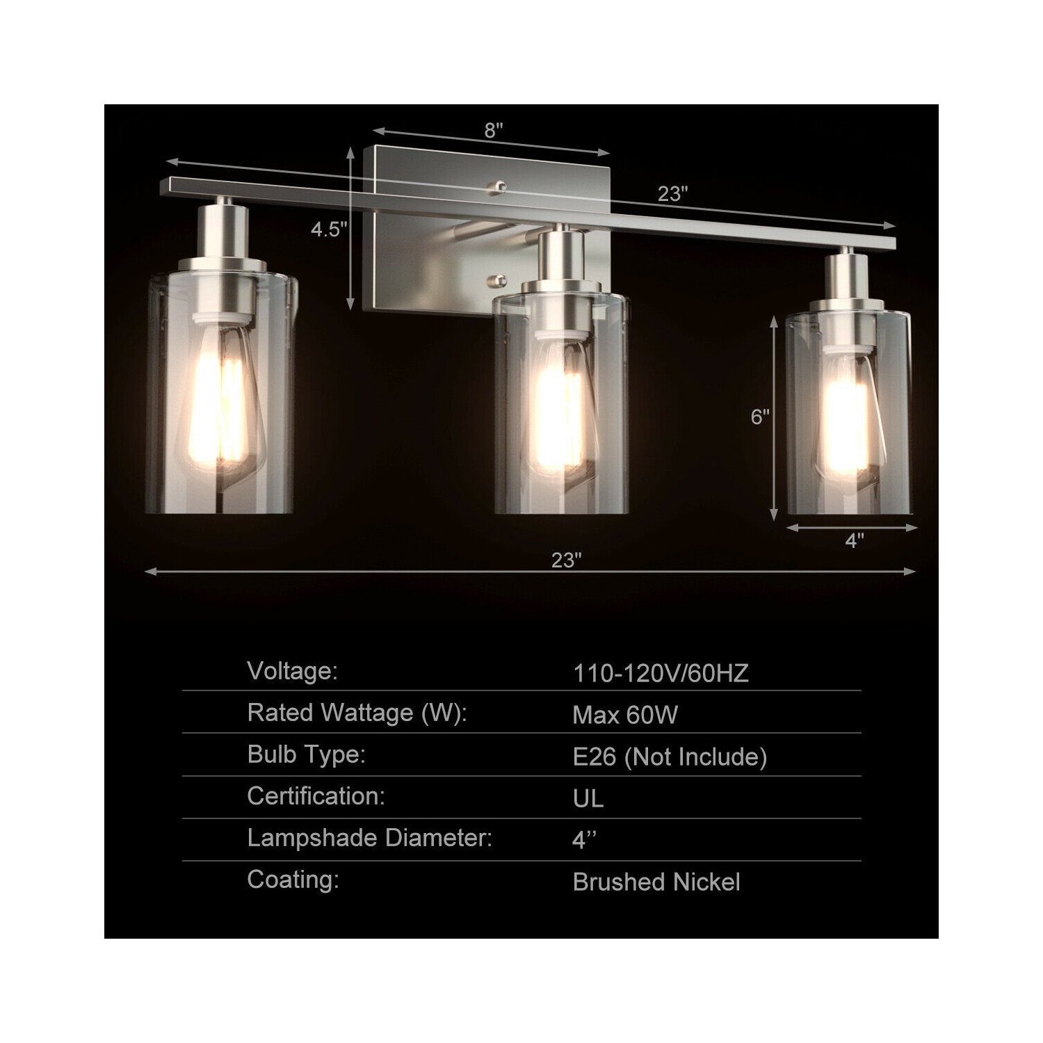 TopBuy – applique murale moderne pour salle de bain à 3 lumières avec abat-jour en verre transparent