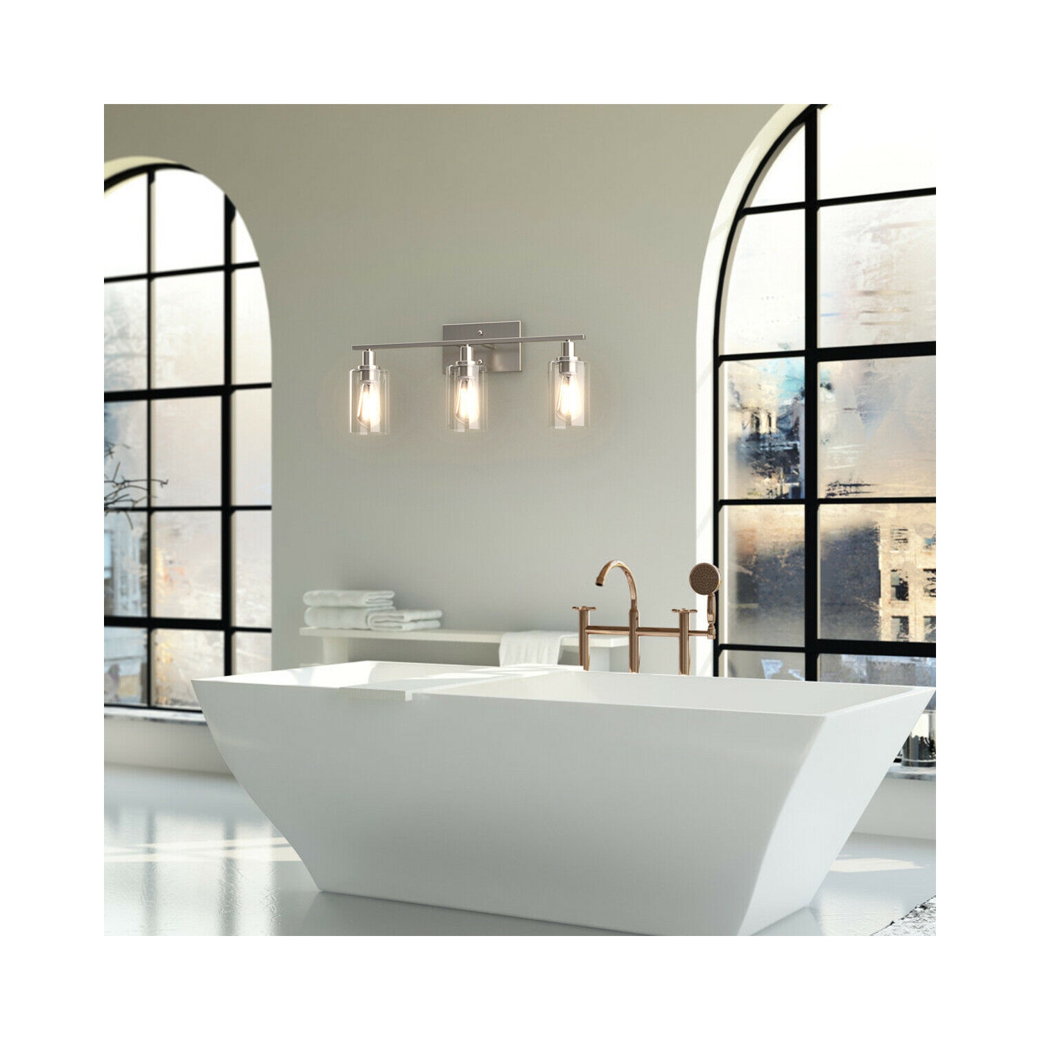 TopBuy – applique murale moderne pour salle de bain à 3 lumières avec abat-jour en verre transparent