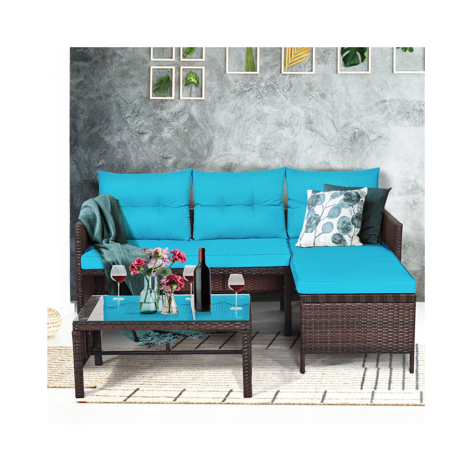 Topbuy 3-Piece Outdoor Rattan Wicker Sectional Sofa Set Patio Conversation Sofa Set