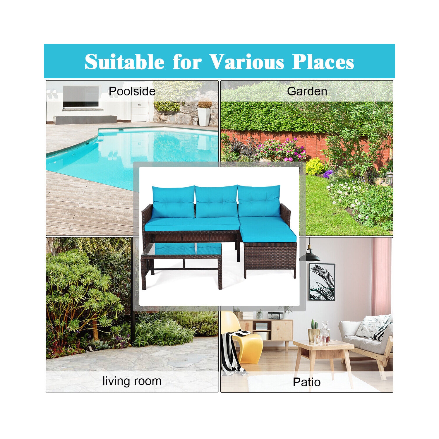 Topbuy 3-Piece Outdoor Rattan Wicker Sectional Sofa Set Patio Conversation Sofa Set