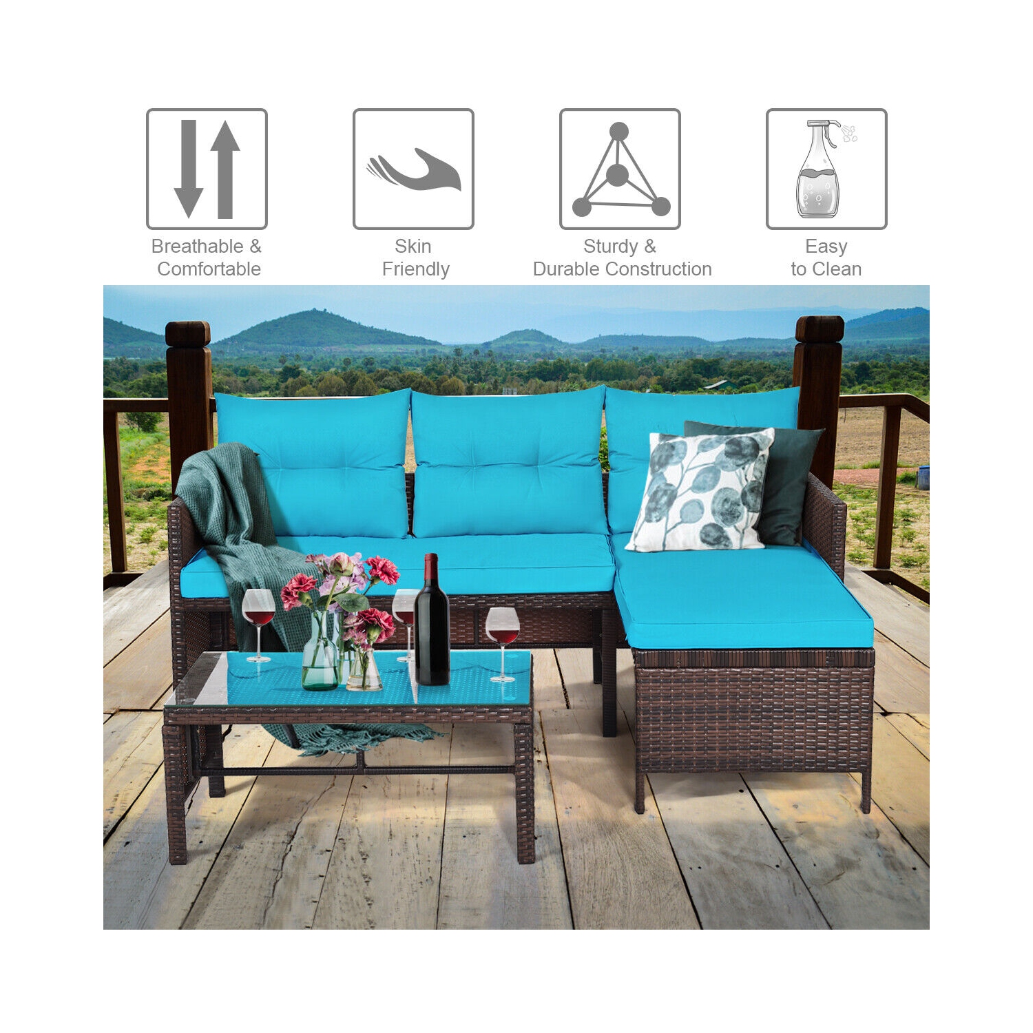 Topbuy 3-Piece Outdoor Rattan Wicker Sectional Sofa Set Patio Conversation Sofa Set