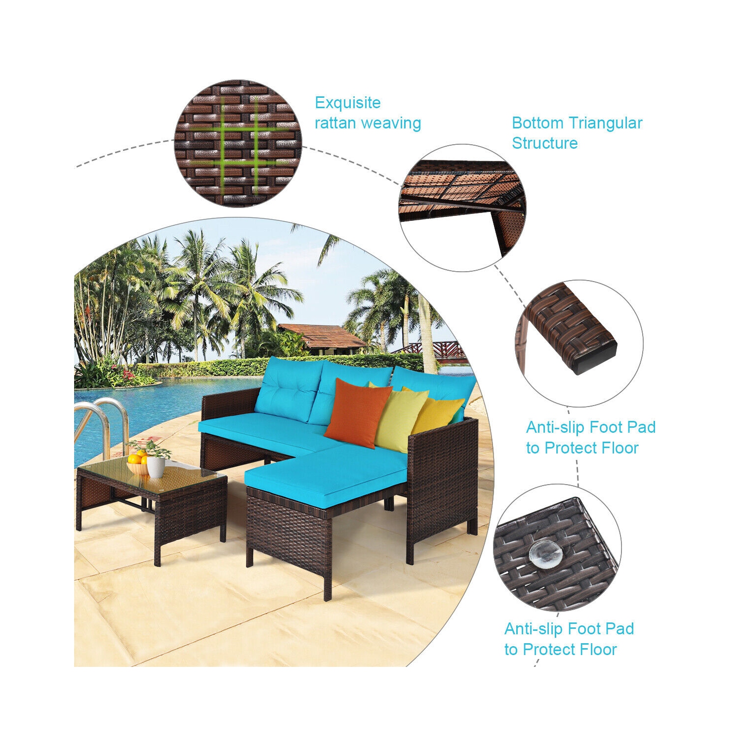 Topbuy 3-Piece Outdoor Rattan Wicker Sectional Sofa Set Patio Conversation Sofa Set