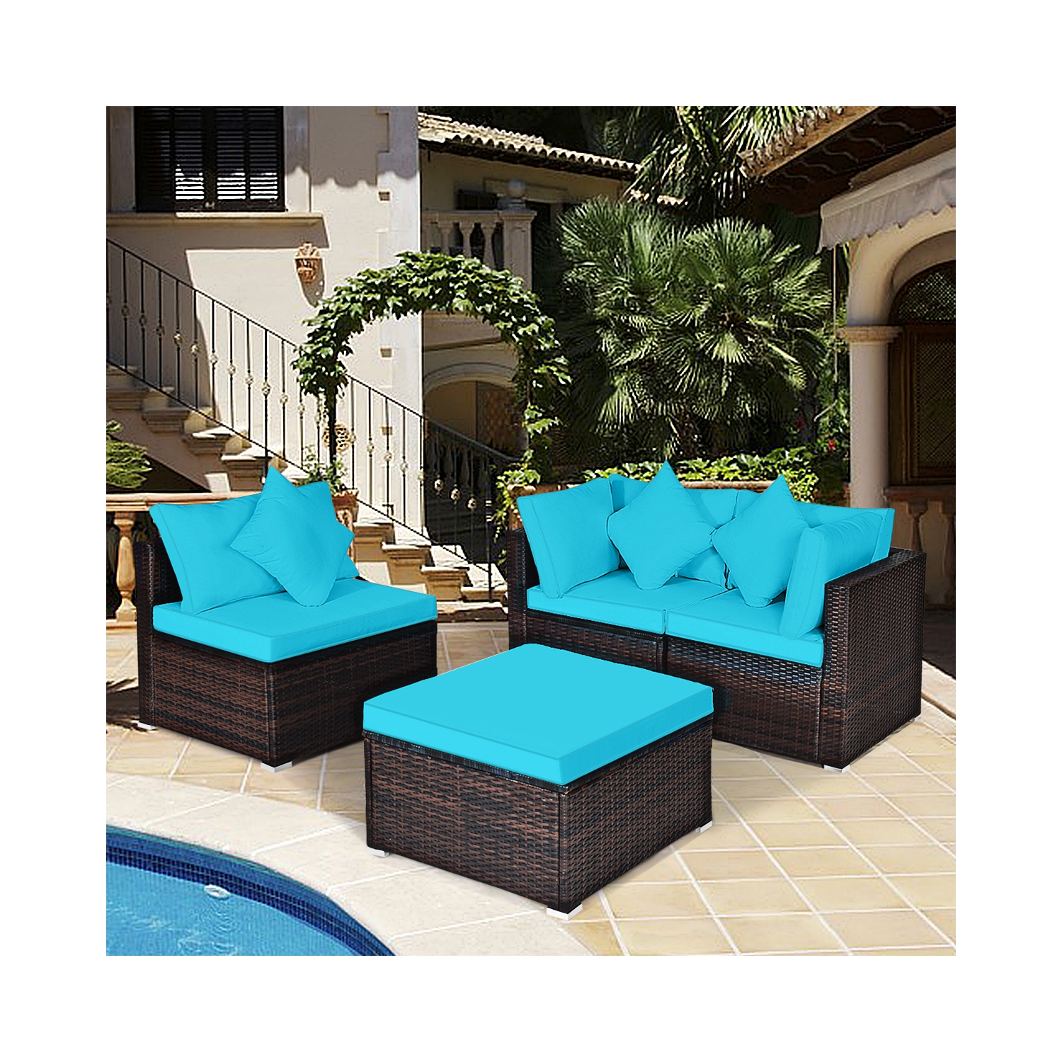 Ensemble de 4 pièces avec canapé modulaire en rotin de TopBuy, turquoise/rouge