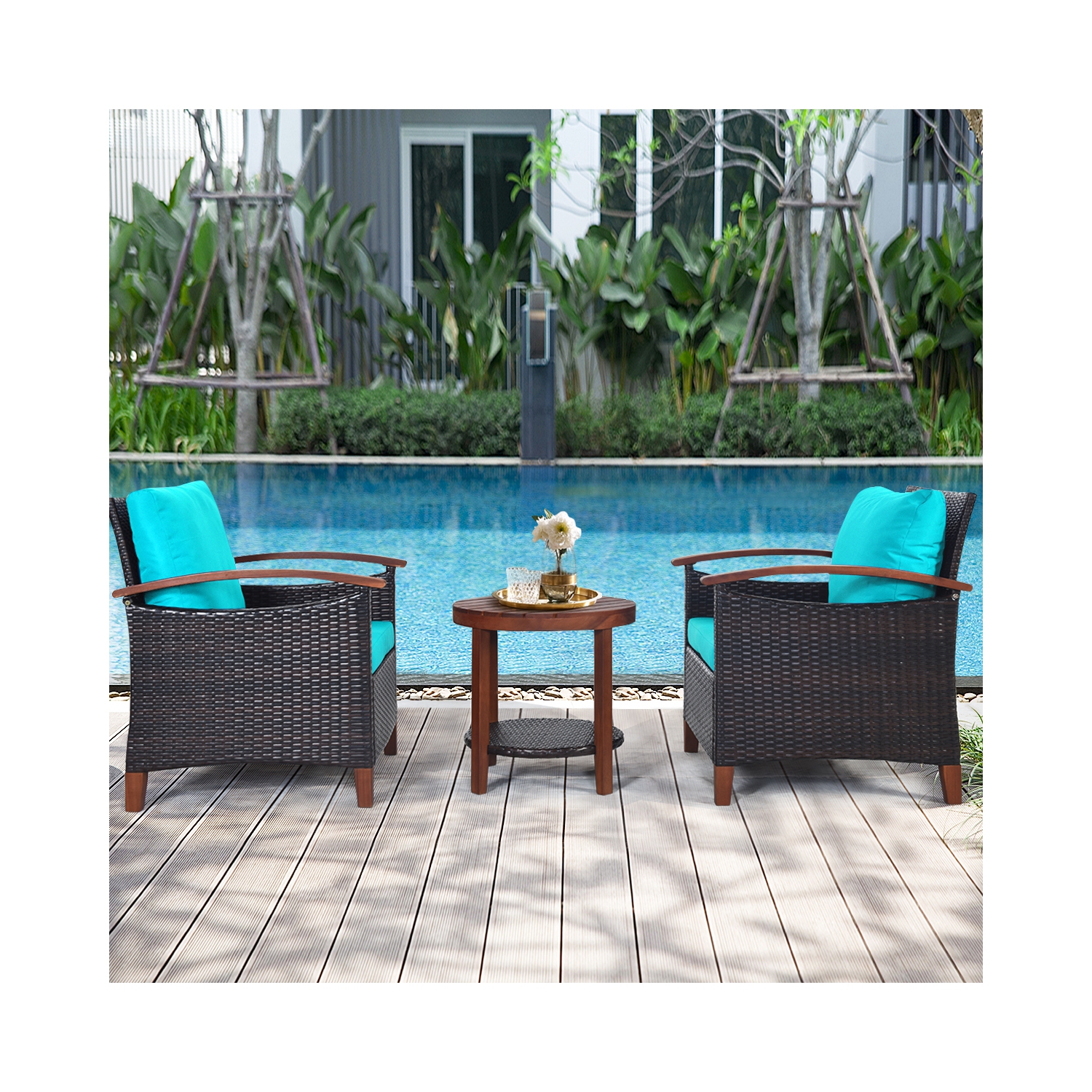 Topbuy 3-Piece Patio Rattan Bistro Set Acacia Wood Frame Sofa and Side Table Beige/Blue/Red