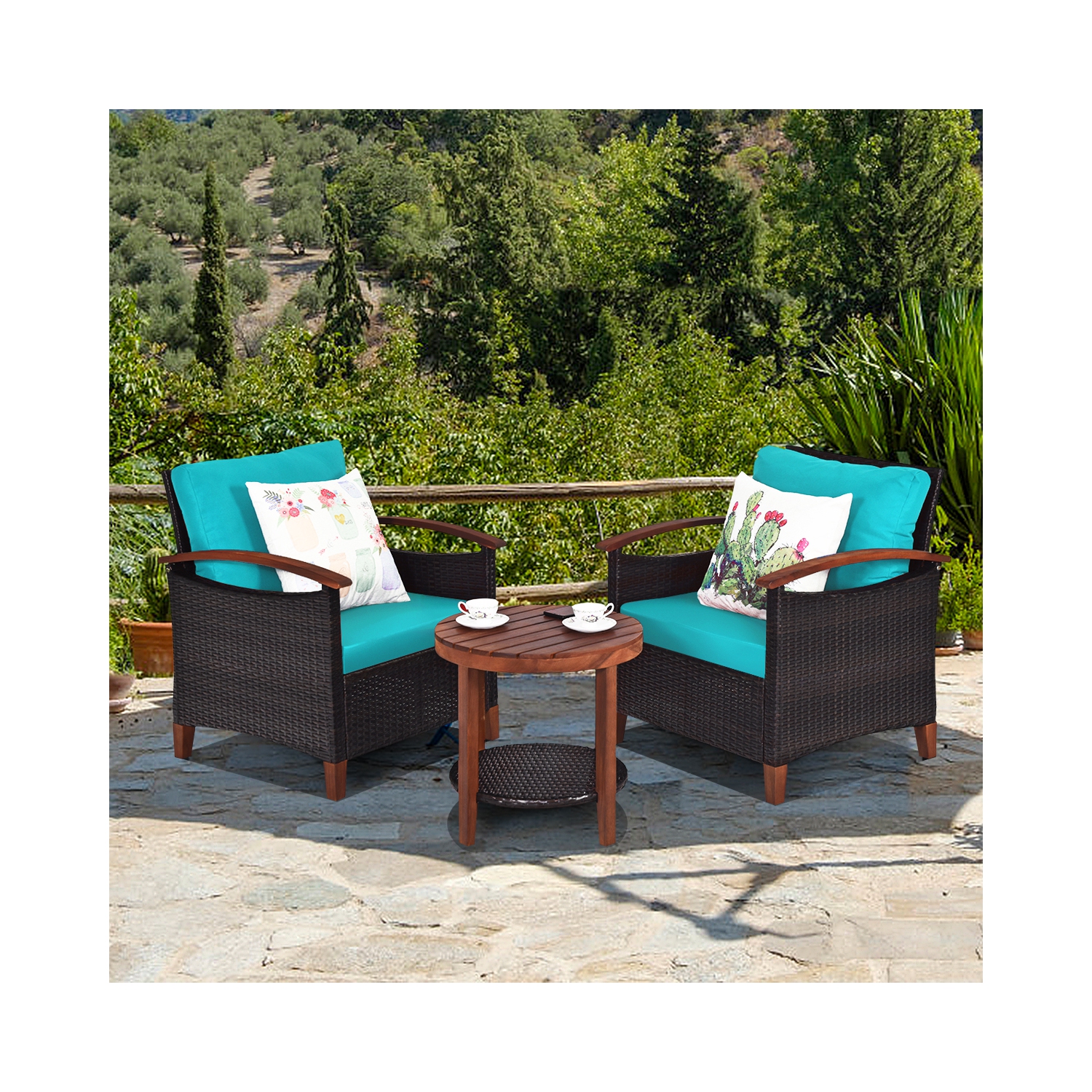 Topbuy 3-Piece Patio Rattan Bistro Set Acacia Wood Frame Sofa and Side Table Beige/Blue/Red