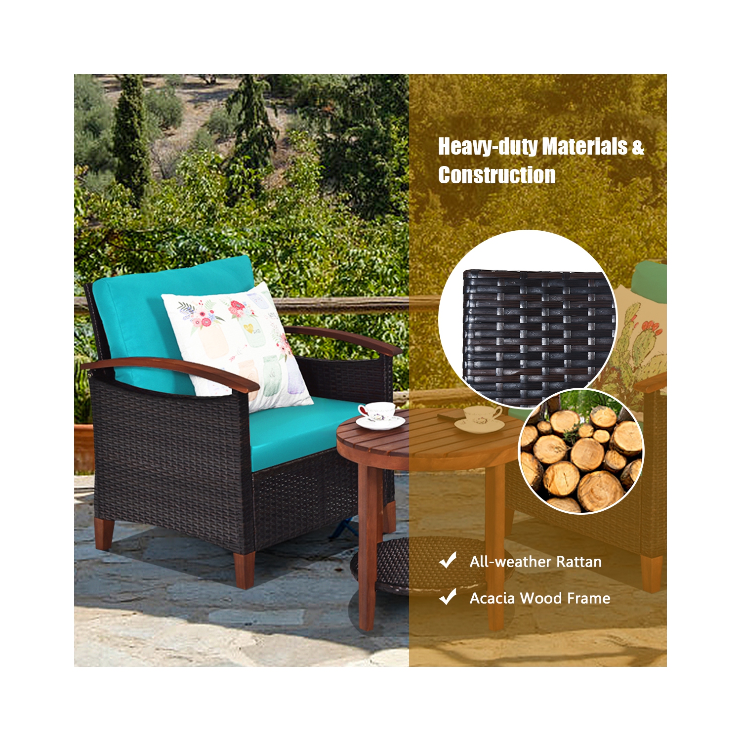 Topbuy 3-Piece Patio Rattan Bistro Set Acacia Wood Frame Sofa and Side Table Beige/Blue/Red