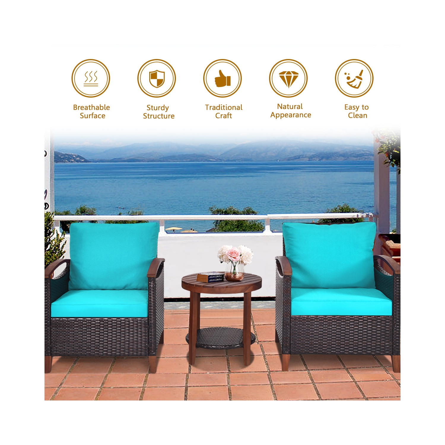 Topbuy 3-Piece Patio Rattan Bistro Set Acacia Wood Frame Sofa and Side Table Beige/Blue/Red